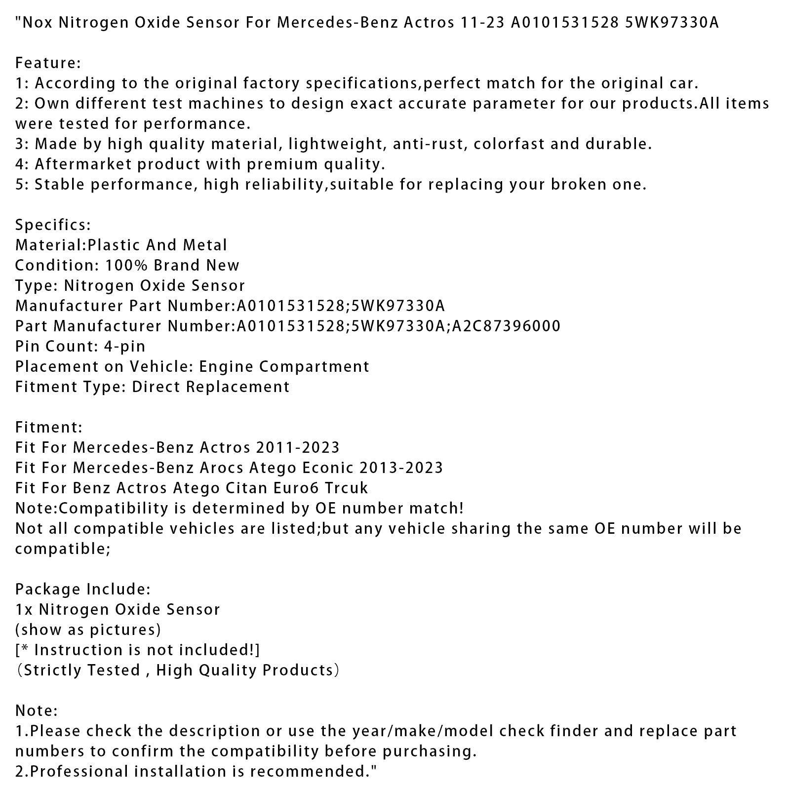 Benz Actros Atego Citan Euro6 Trcuk Nox Nitrogen Oxide Sensor A0101531528 5WK97330A