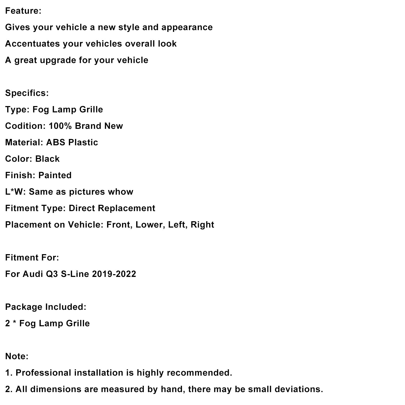 2019-2022 Audi Q3 S-Line 2PCS Gloss Black Front Bumper Grille Cover