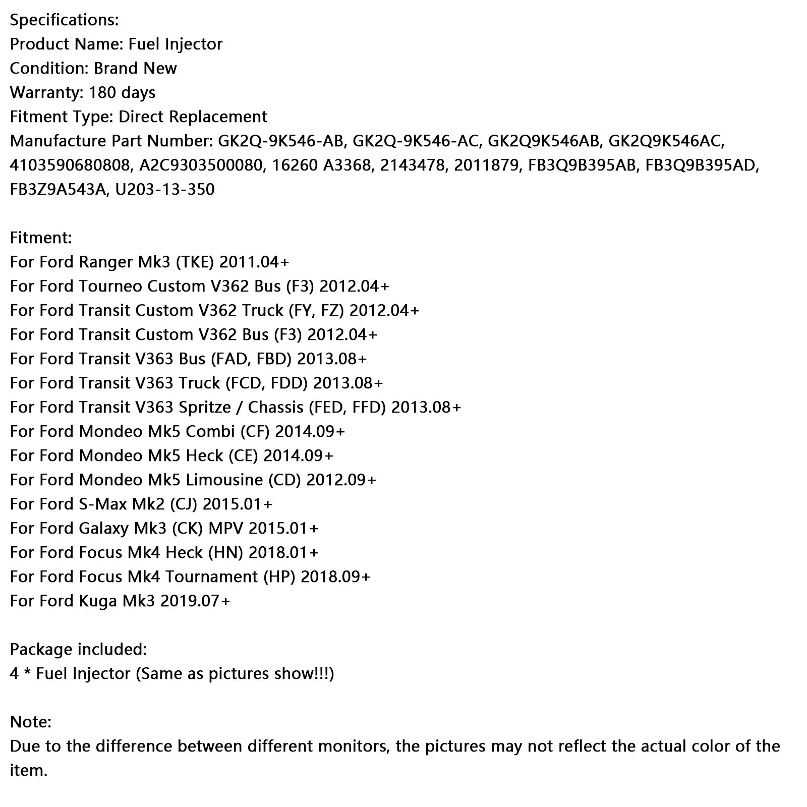 2015.01+ Ford Galaxy Mk3 (CK) MPV 4PCS Fuel Injector GK2Q-9K546-AC 4103590680808 GK2Q9K546AB