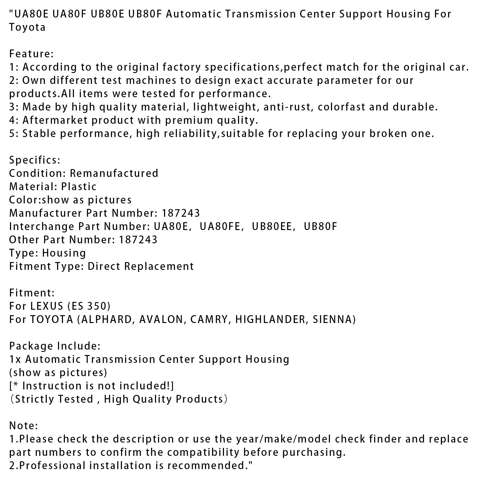 UA80E UA80F UB80E UB80F Automatic Transmission Center Support Housing For Toyota