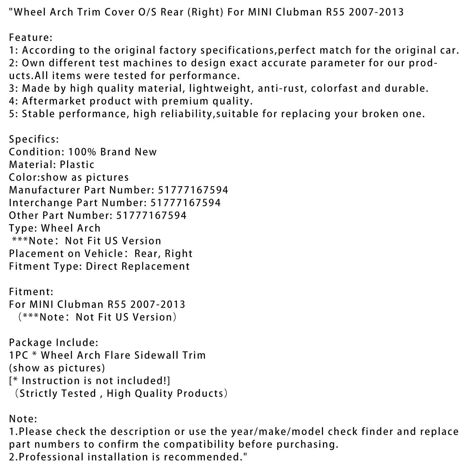 2007-2013 MINI Clubman R55 Wheel Arch Trim Cover O/S Rear (Right)