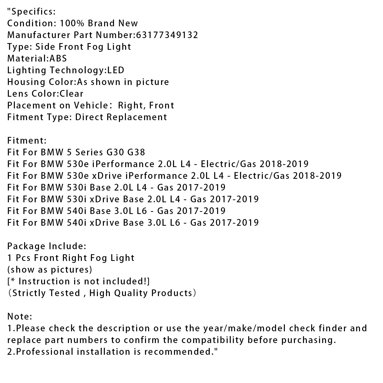 1 Pcs LED Front Right Fog Light For BMW 5 Series G30 G38 17-19 63177349132