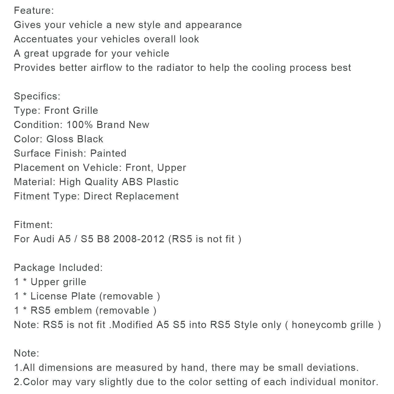 AUDI A5 S5 B8 2008-2012 RS5 Style Hood Henycomb Sport mesh Grille Grill