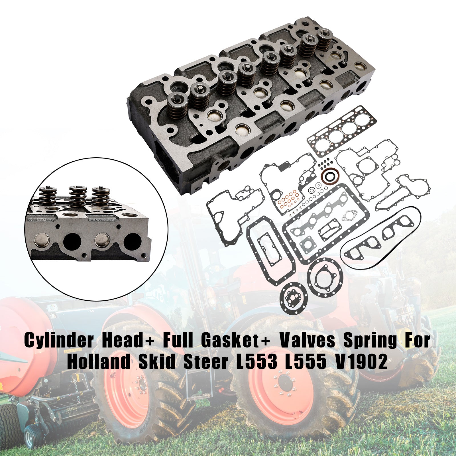 Complete Cylinder Head+Gasket Kit For Kubota V1902 Holland Skid Steer L555 L553