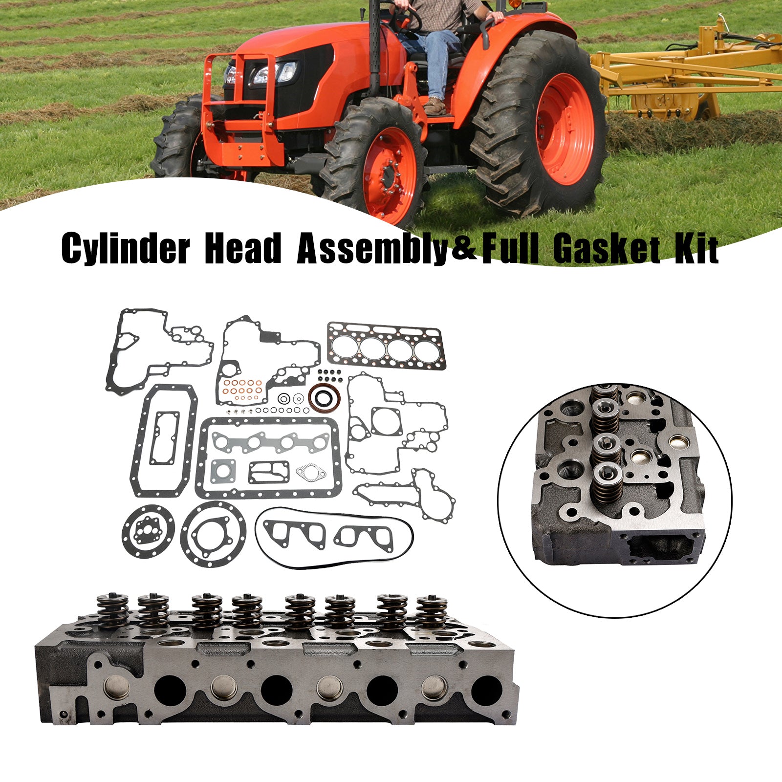 Complete Cylinder Head+Gasket Kit For Kubota V1902 Holland Skid Steer L555 L553