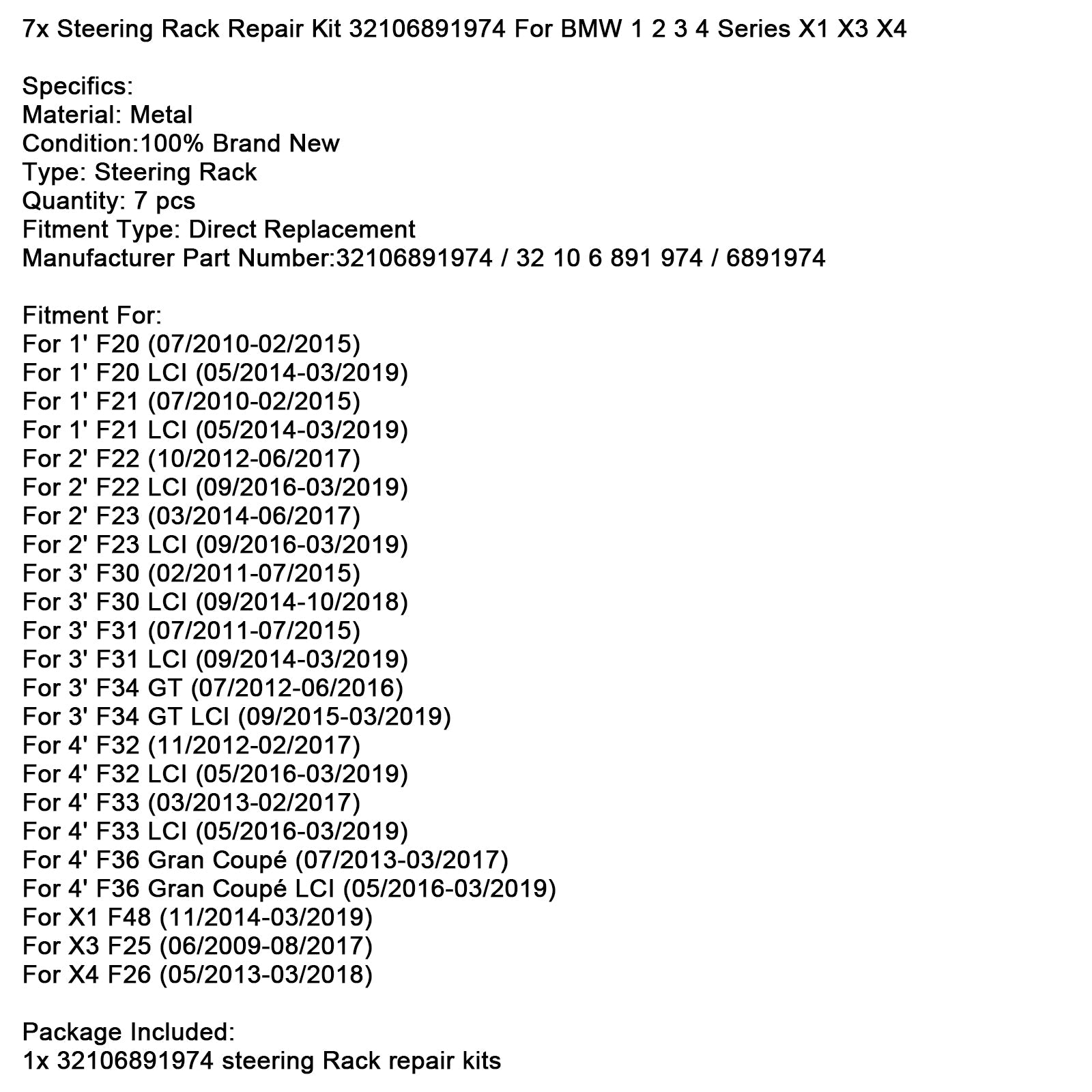 7x Steering Rack Repair Kit 32106891974 For BMW 1 2 3 4 Series X1 X3 X4