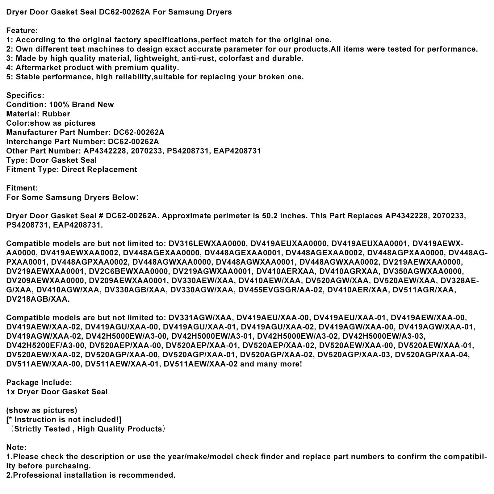 Dryer Door Gasket Seal DC62-00262A For Samsung Dryers
