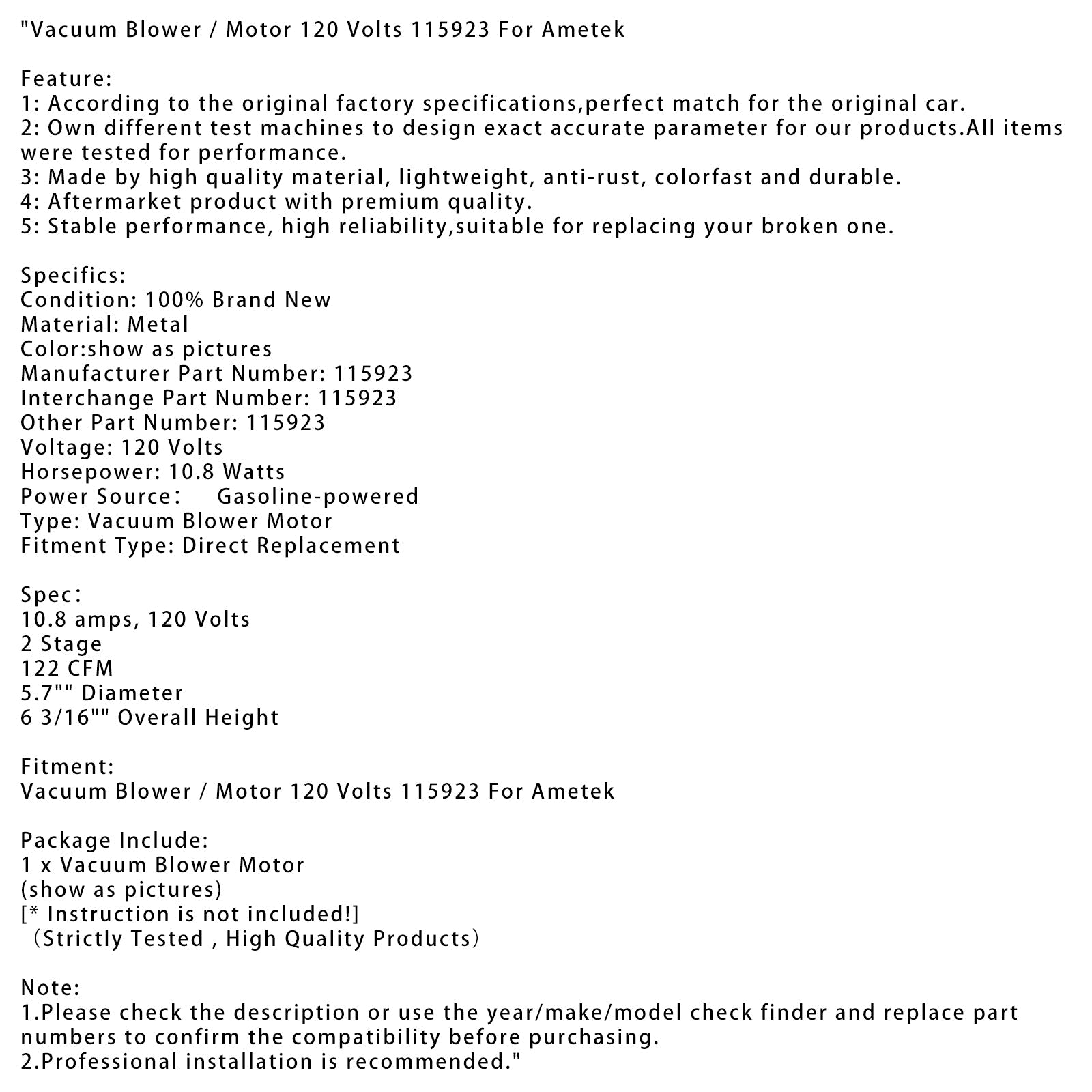 Vacuum Blower / Motor 120 Volts 115923 For Ametek