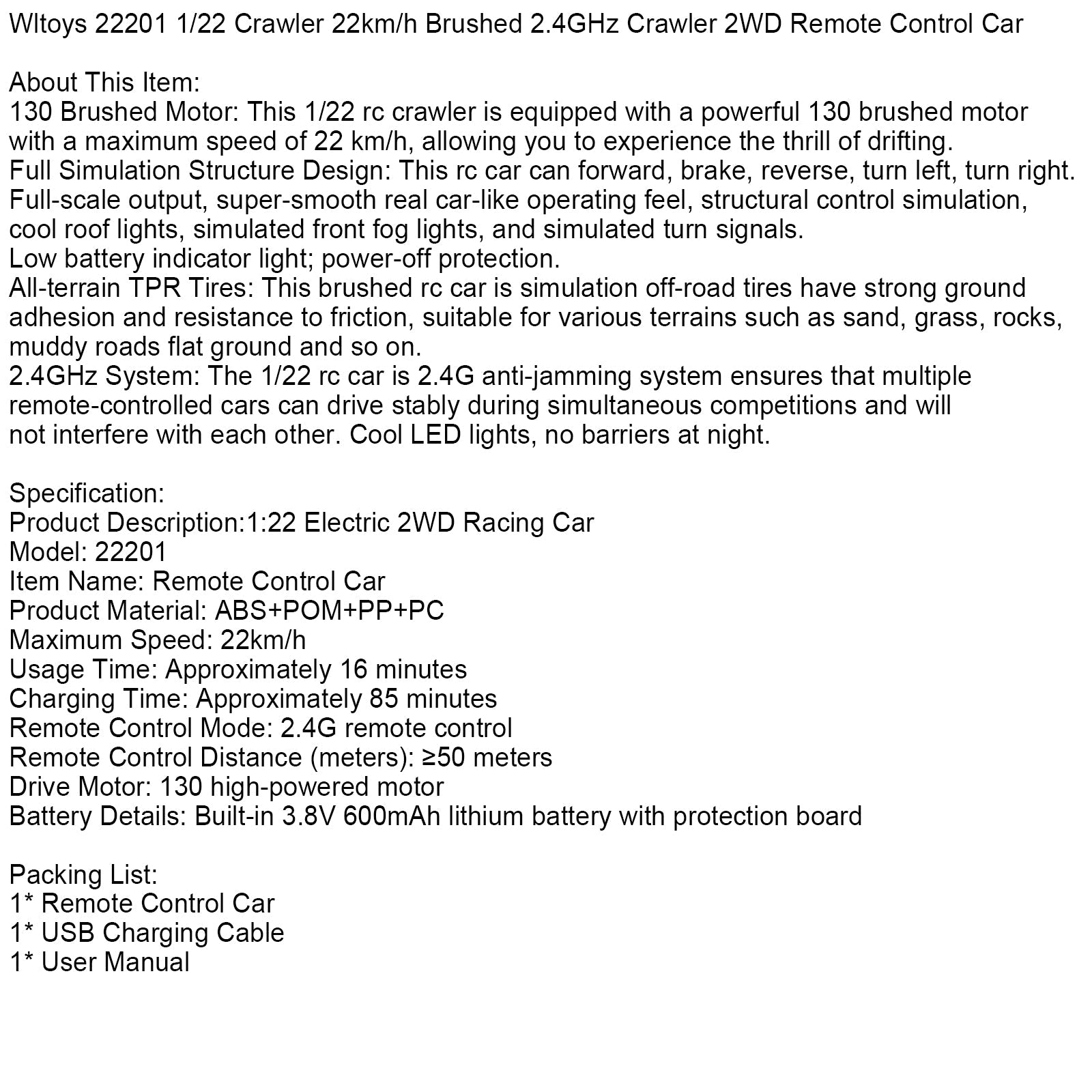 Wltoys 22201 1/22 Crawler 22km/h Brushed 2.4GHz Crawler 2WD Remote Control Car