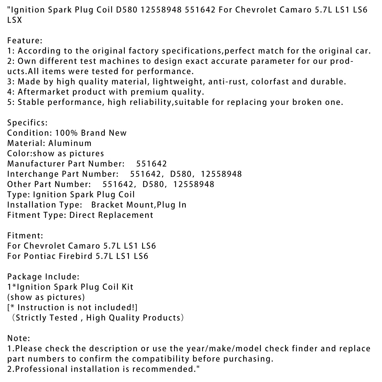 Pontiac Firebird 5.7L LS1 LS6 Ignition Spark Plug Coil D580 12558948