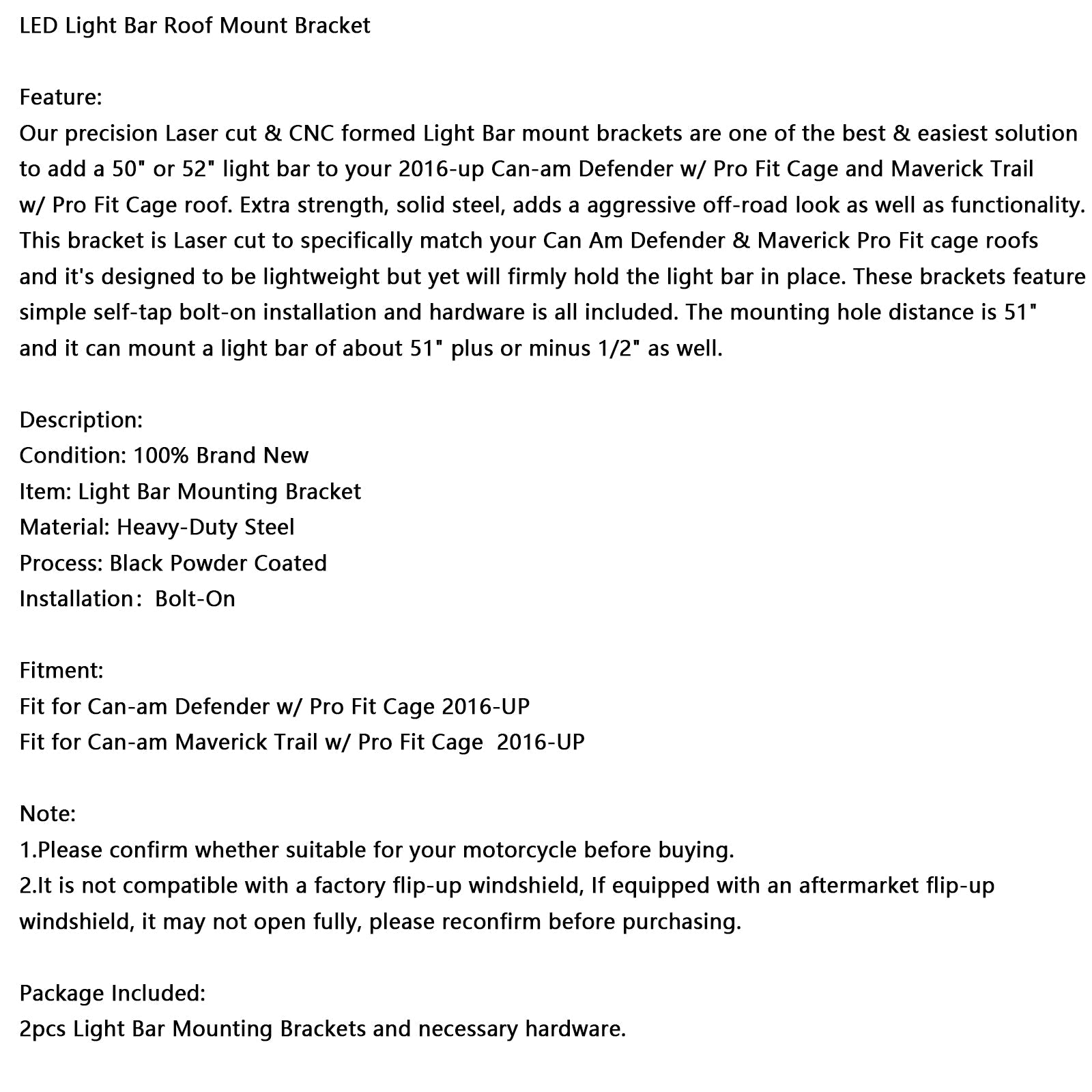 LED Light Bar Roof Mount Bracket Fit Can-am Defender Pro-Fit Cage 50"/52" 16-25