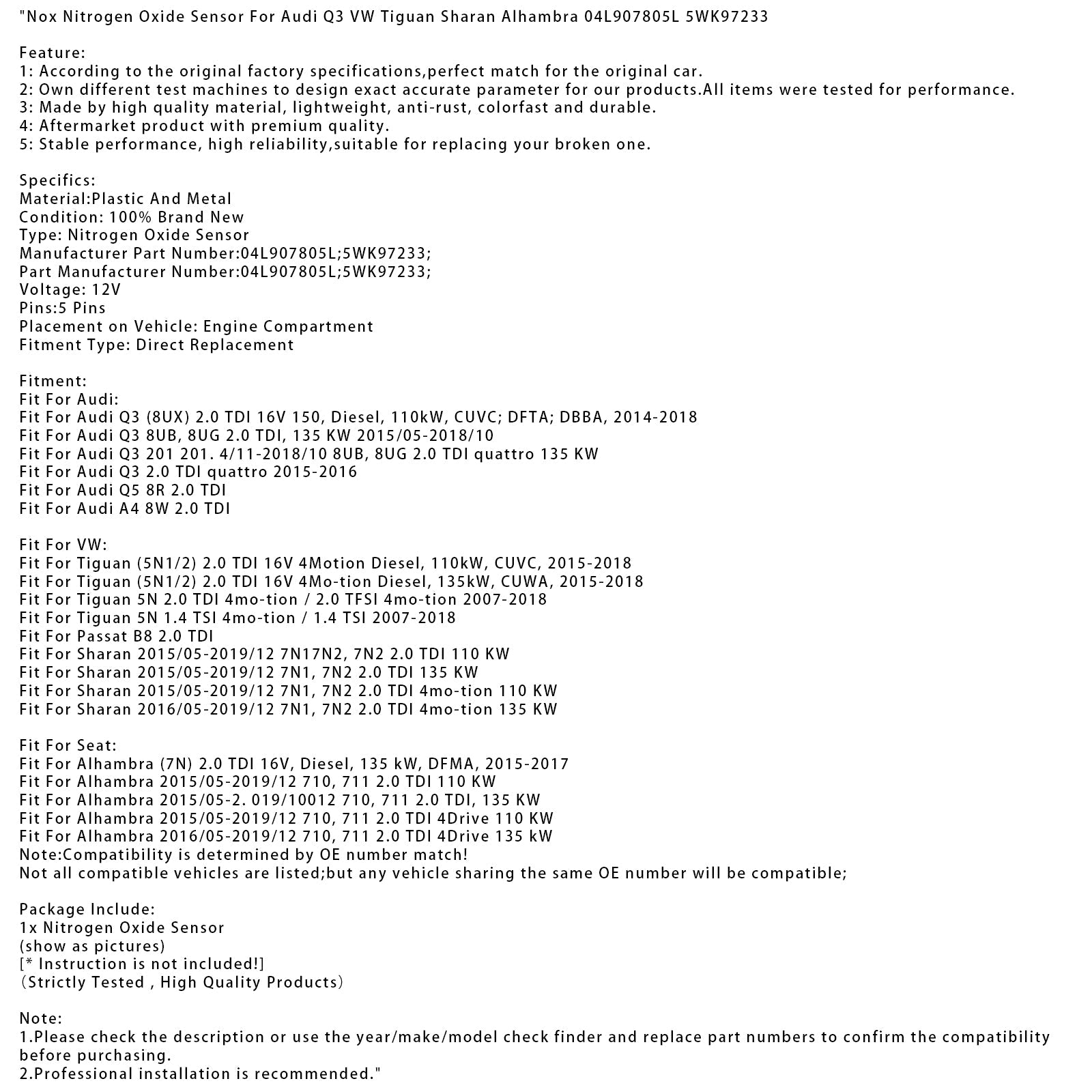 Nox Sensor For Audi Q3 VW Tiguan Sharan Alhambra 04L907805L 5WK97233