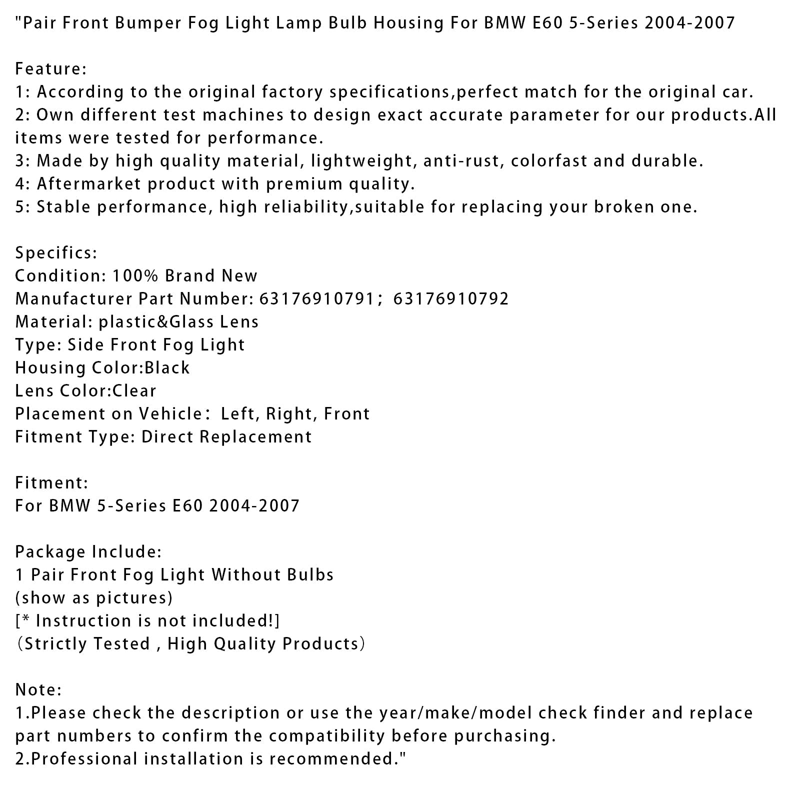 2004-2007 BMW E60 5-Series Pair Front Bumper Fog Light Lamp Bulb Housing