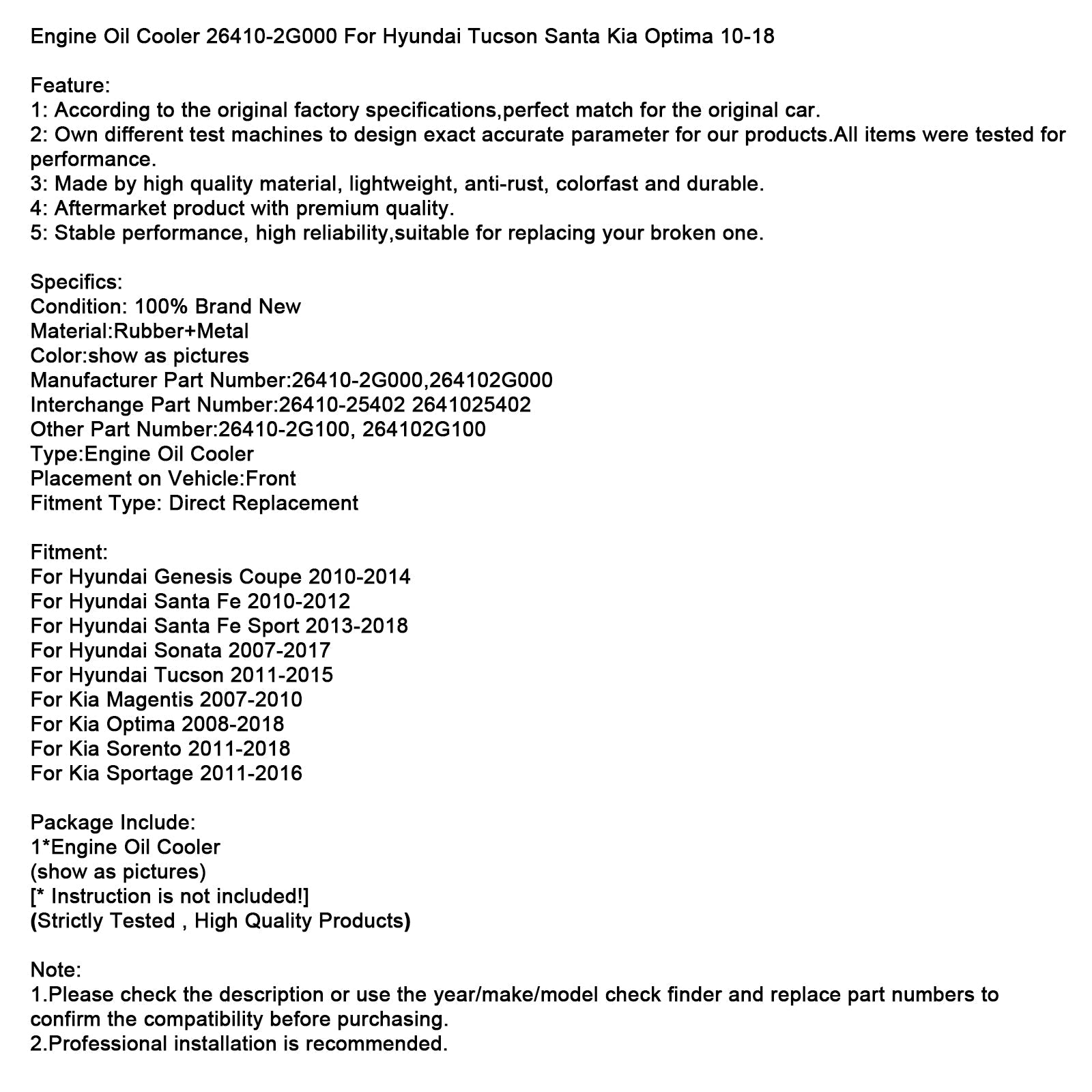 Engine Oil Cooler 26410-2G000 For Hyundai Tucson Santa Kia Optima 2010-2018