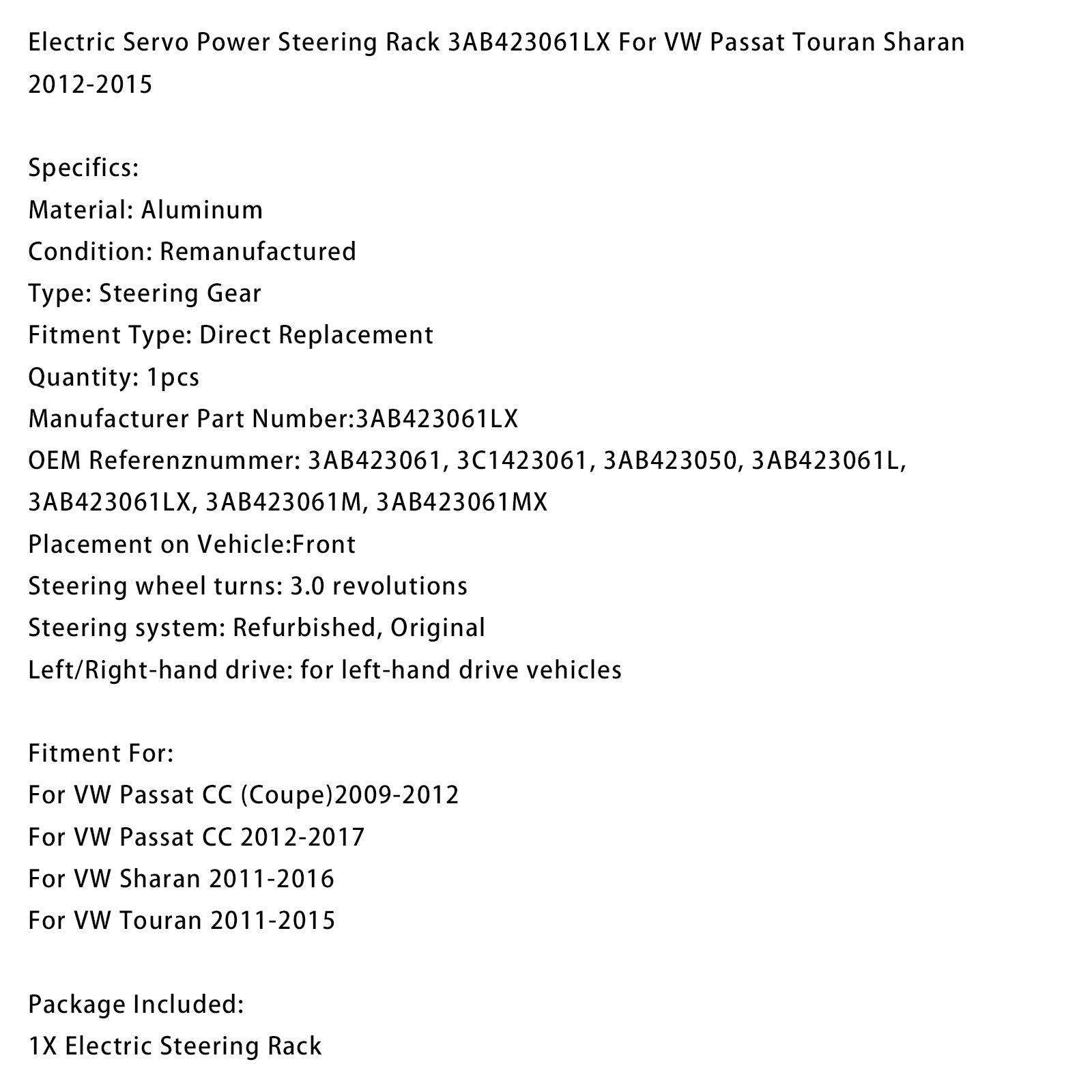 2011-2015 VW Touran Electric Servo Power Steering Rack 3AB423061LX