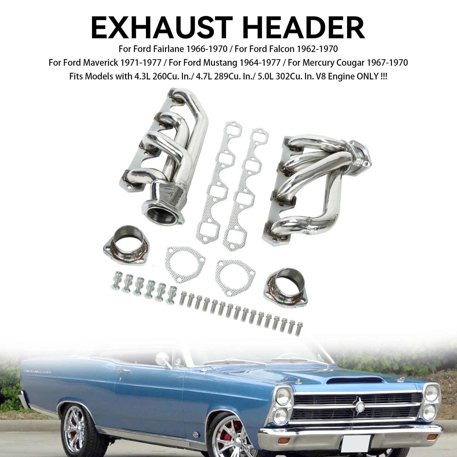Stainless Exhaust Header fit Ford Mustang 1964-1977 302CU 5.0 260 289 302 V8