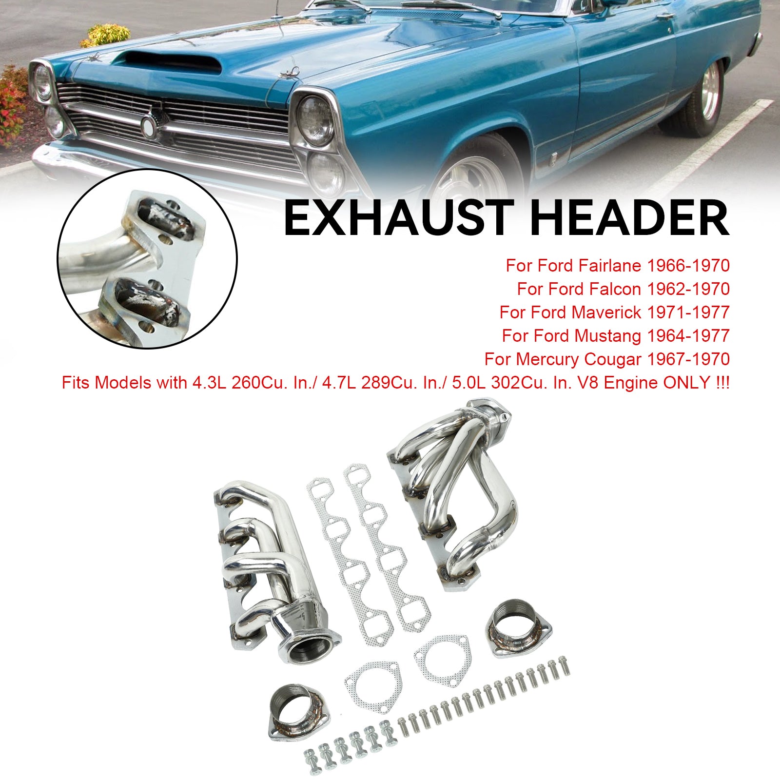 Stainless Exhaust Header fit Ford Mustang 1964-1977 302CU 5.0 260 289 302 V8