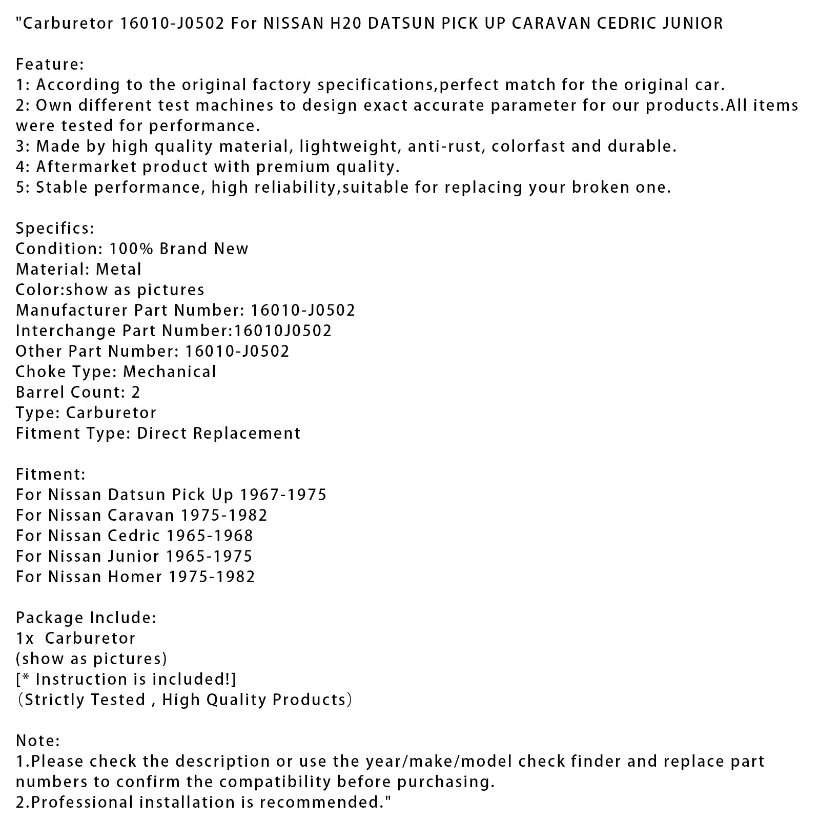 1965-1975 Nissan Junior Carburetor 16010-J0502