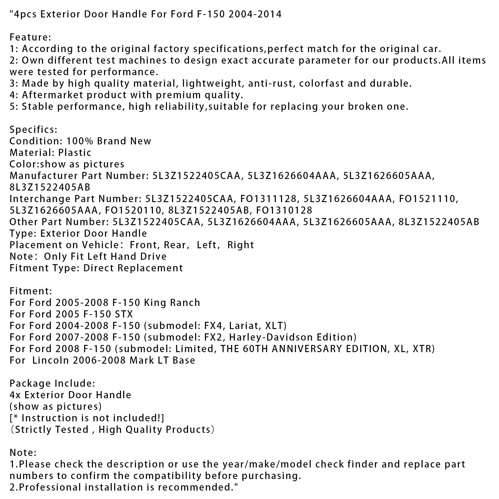 2004-2014 Ford F-150 4pcs Exterior Door Handle 5L3Z1522405CAA FO1310128