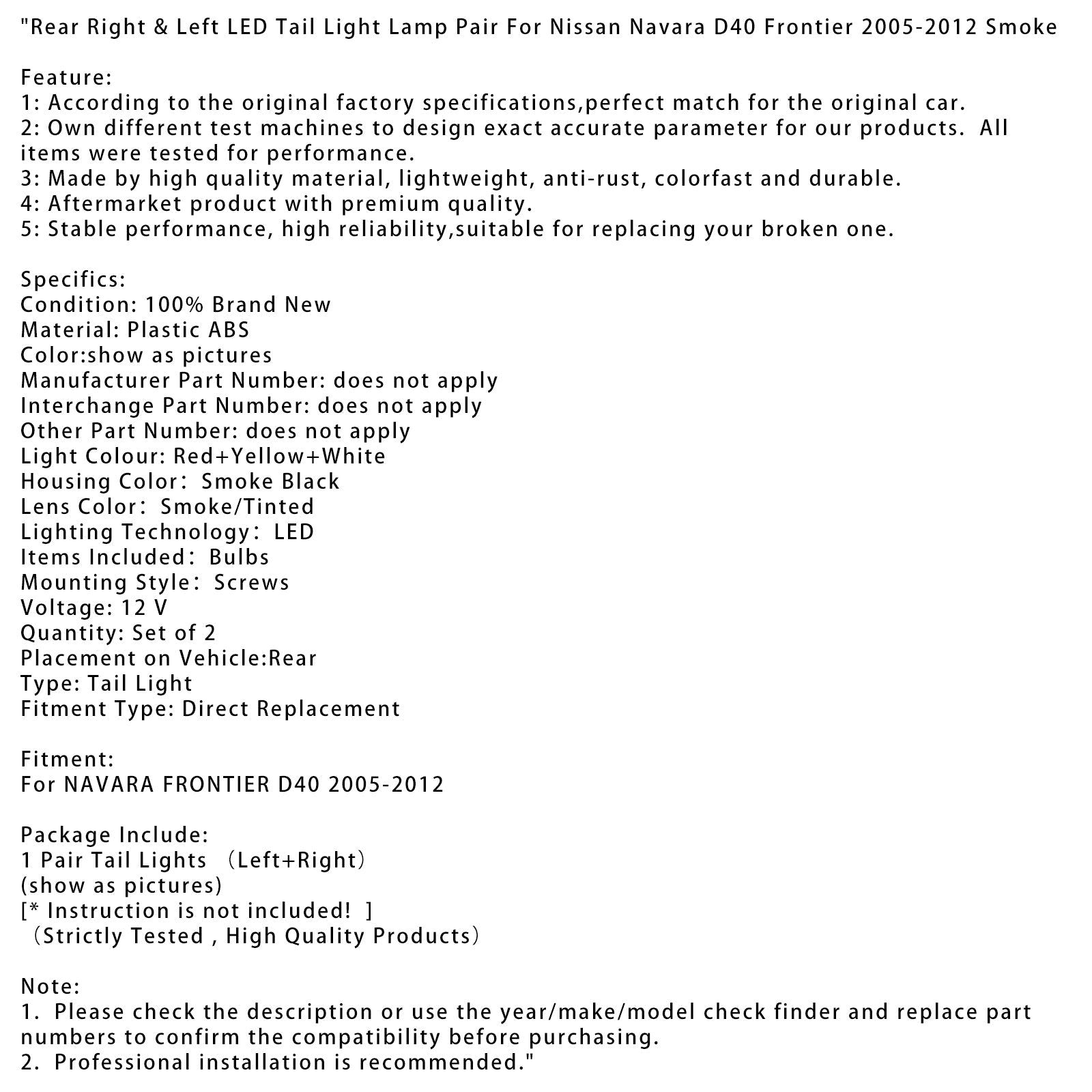 2005-2012 Nissan Navara D40 Frontier Rear LED Tail Light Lamp Pair Smoke