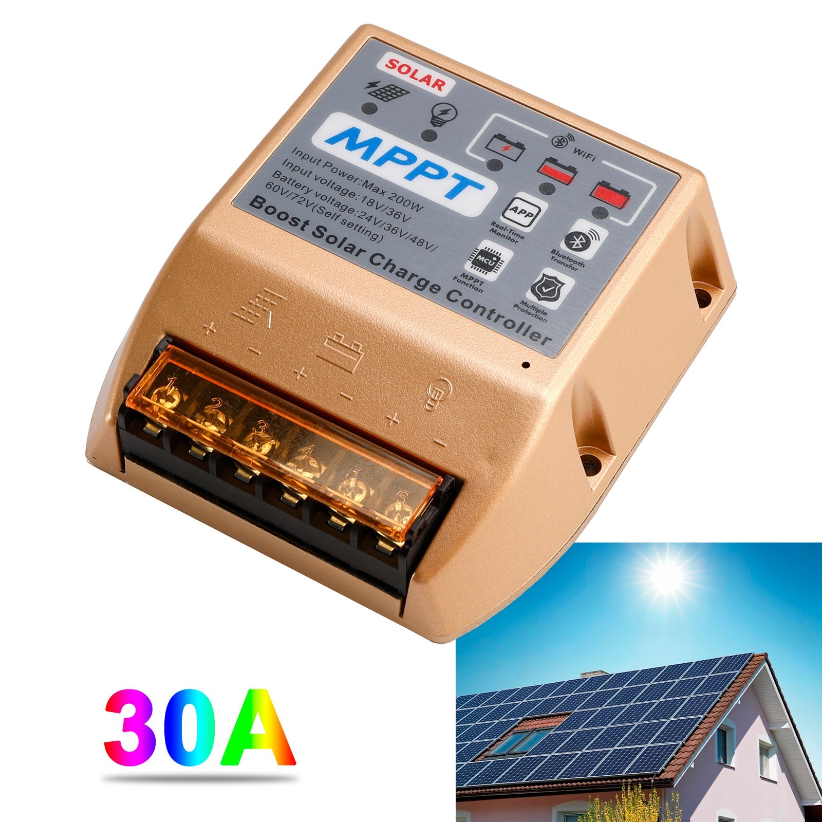 10A/20A/30A Boost MPPT Solar Controller 24V36V48V60V72V Mobile APP Smart Control