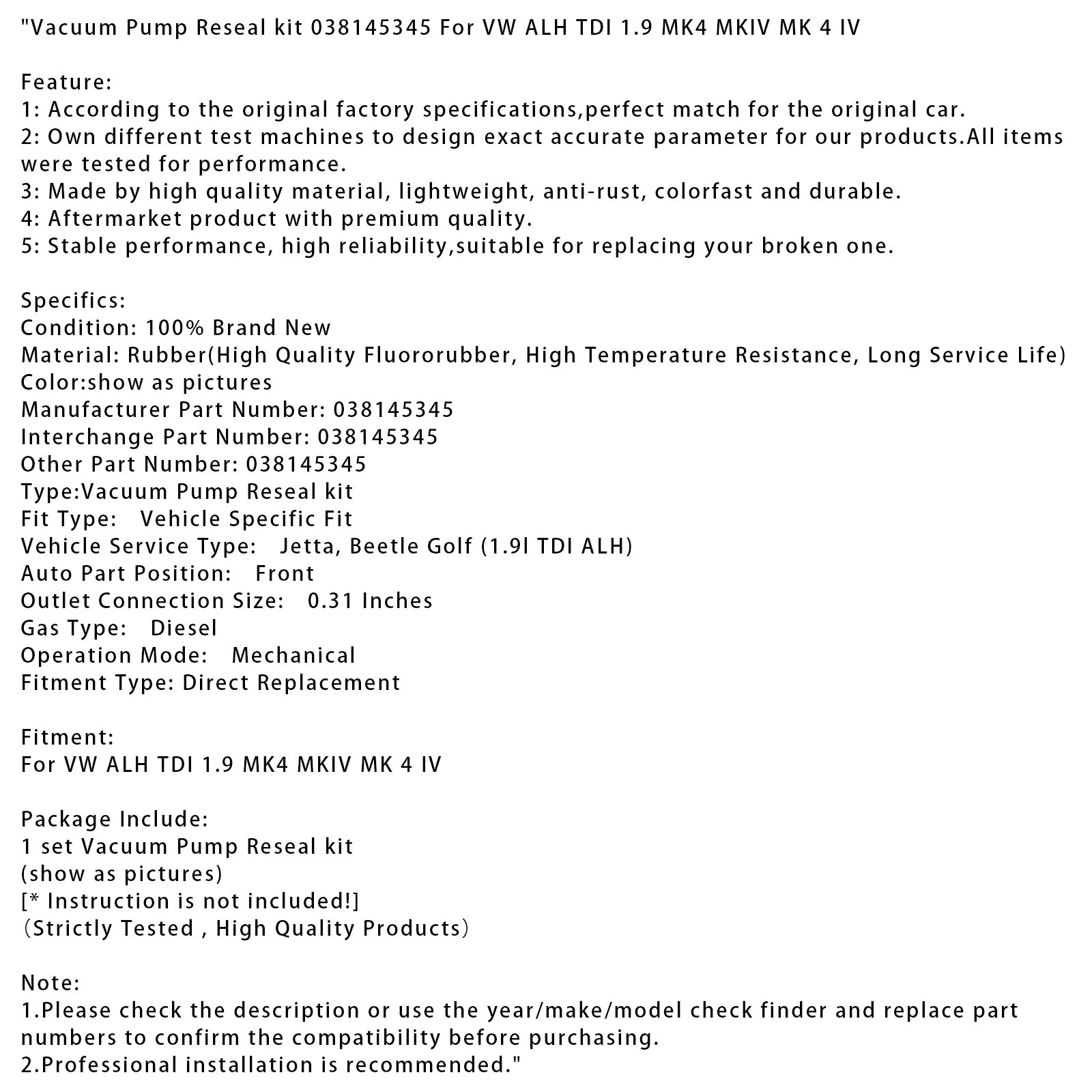 Vacuum Pump Reseal kit 038145345 For VW ALH TDI 1.9 MK4 MKIV MK 4 IV