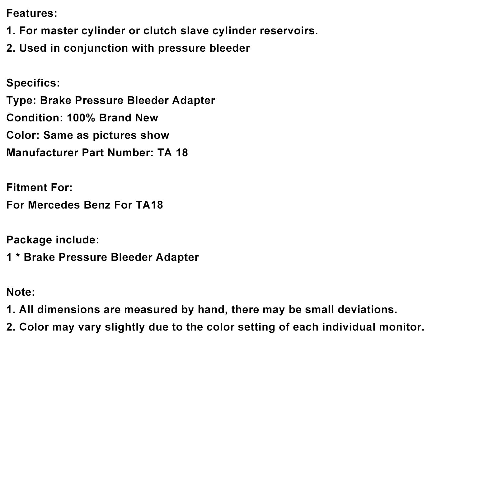 Specialty Tool Brake Pressure Bleeder Adapter TA18 Fit Mercedes Benz
