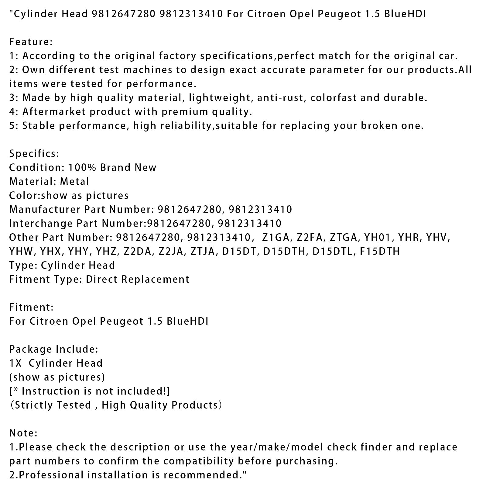 Citroen Opel Peugeot 1.5 BlueHDI Cylinder Head 9812647280 9812313410