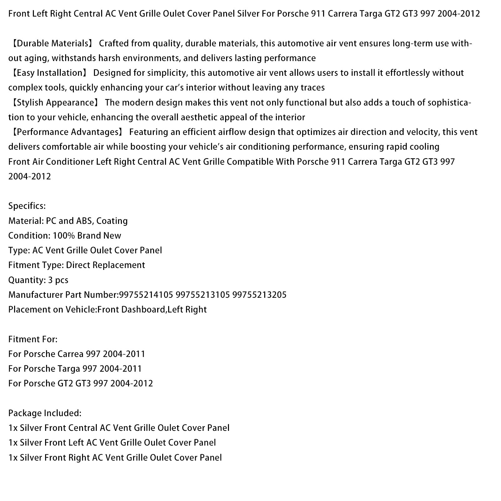 Left Right Central AC Vent Cover Silver For Porsche 911 Carrera Targa 2004-2012