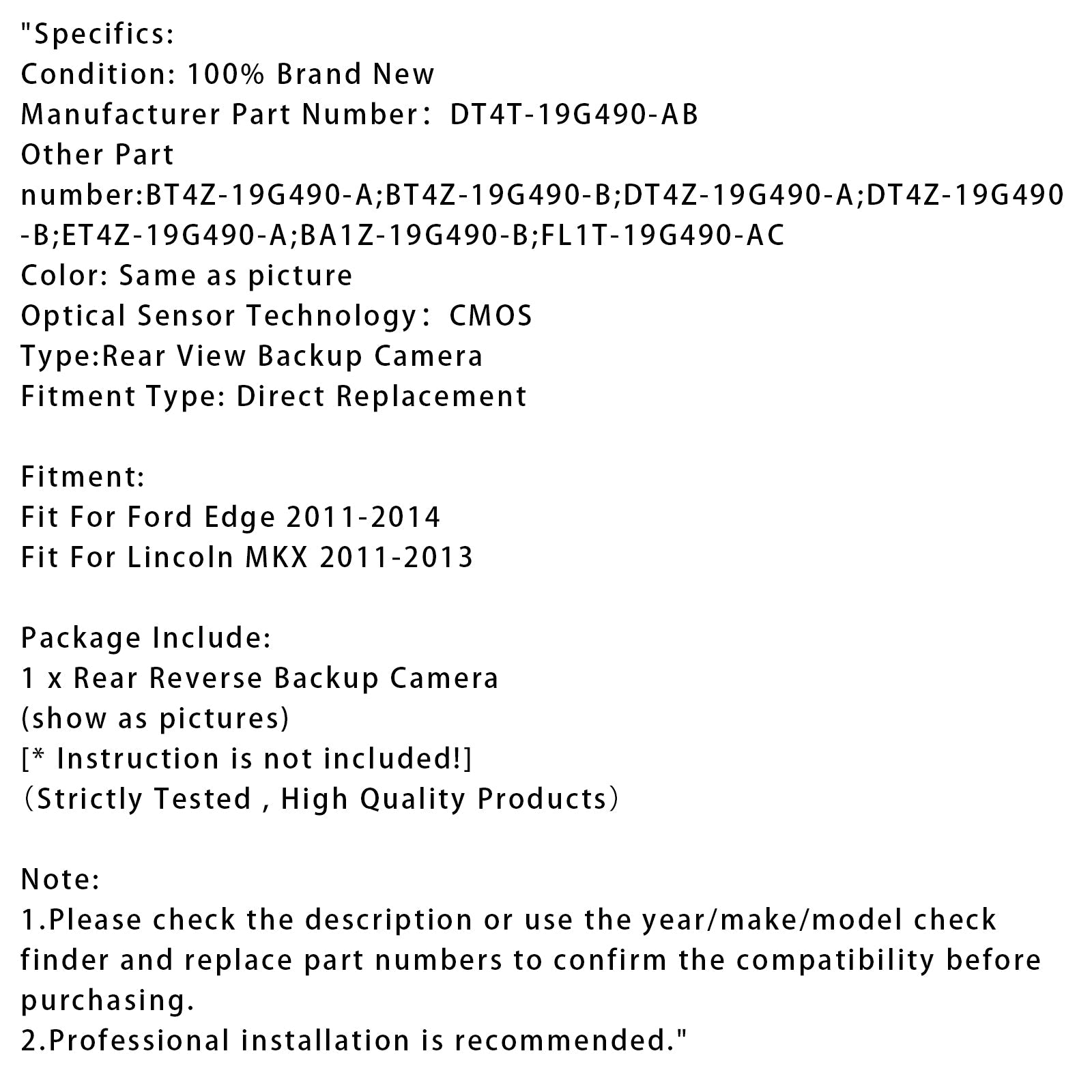 Rear Reverse Backup Camera Park Assist For Lincoln MKX 2011-2013 DT4T-19G490-AB