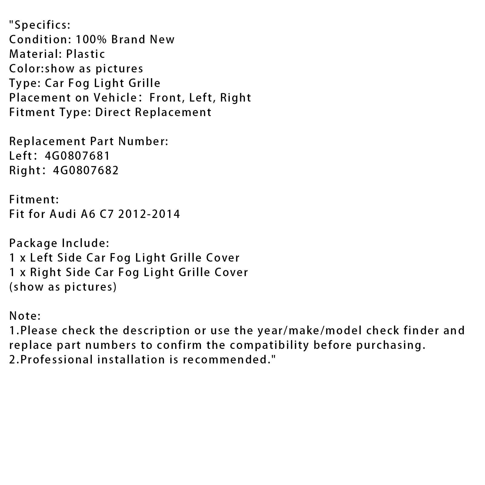 1 Pair Front Bumper Fog Light Grill Cover Bezel For Audi A6 C7 2011-2014