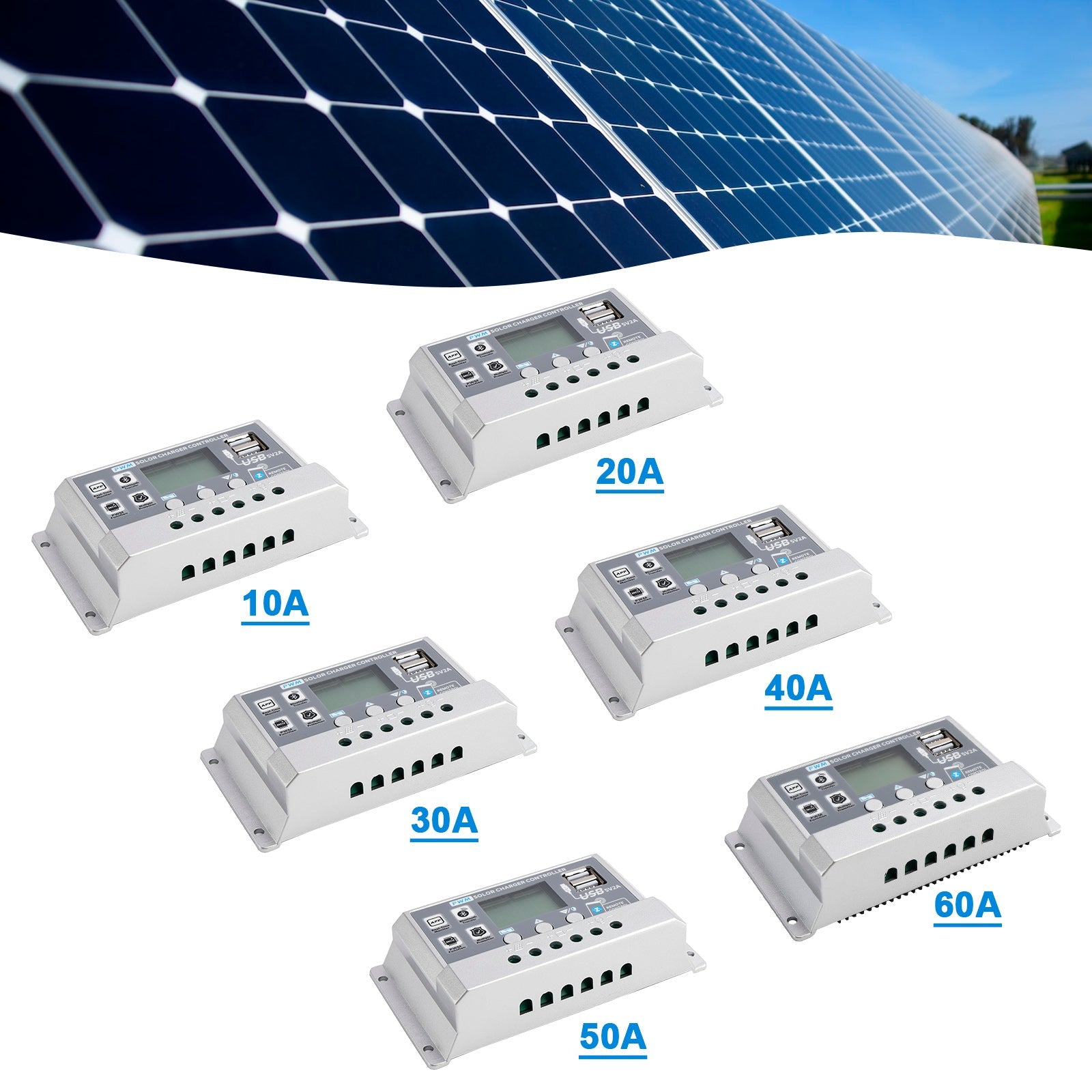 10A-60A PWM Solar Controller Mobile APP Intelligent Control Solar Controller