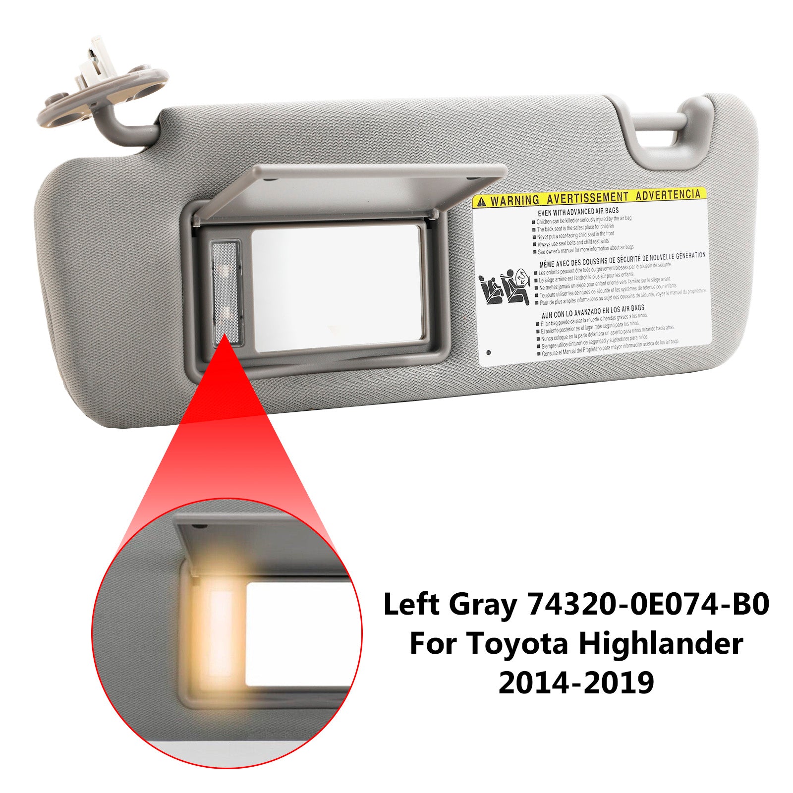 Left Sun Visor W/Vanity Light Gray 74320-0E074-B0 For Toyota Highlander 2014-19