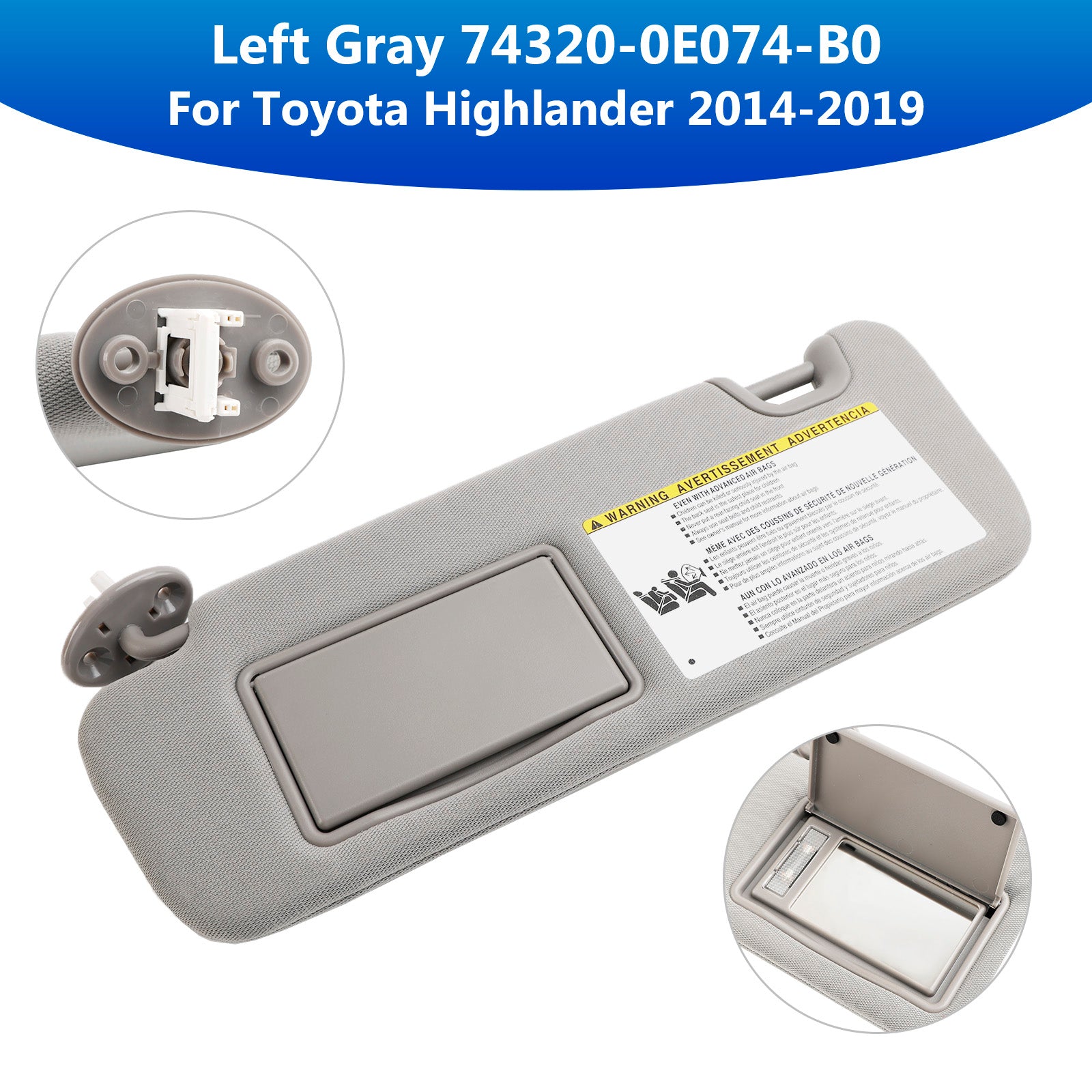 Left Sun Visor W/Vanity Light Gray 74320-0E074-B0 For Toyota Highlander 2014-19