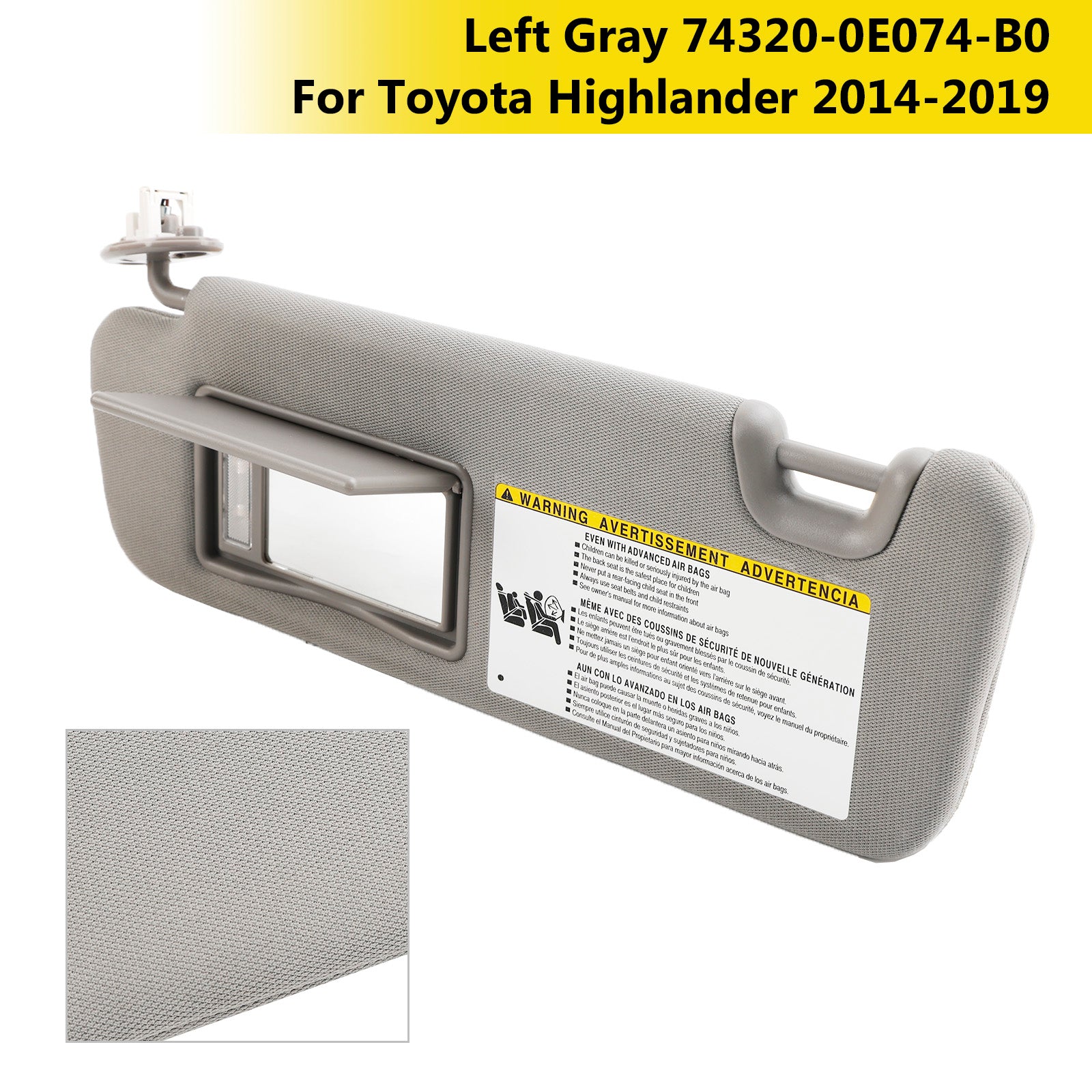 Left Sun Visor W/Vanity Light Gray 74320-0E074-B0 For Toyota Highlander 2014-19
