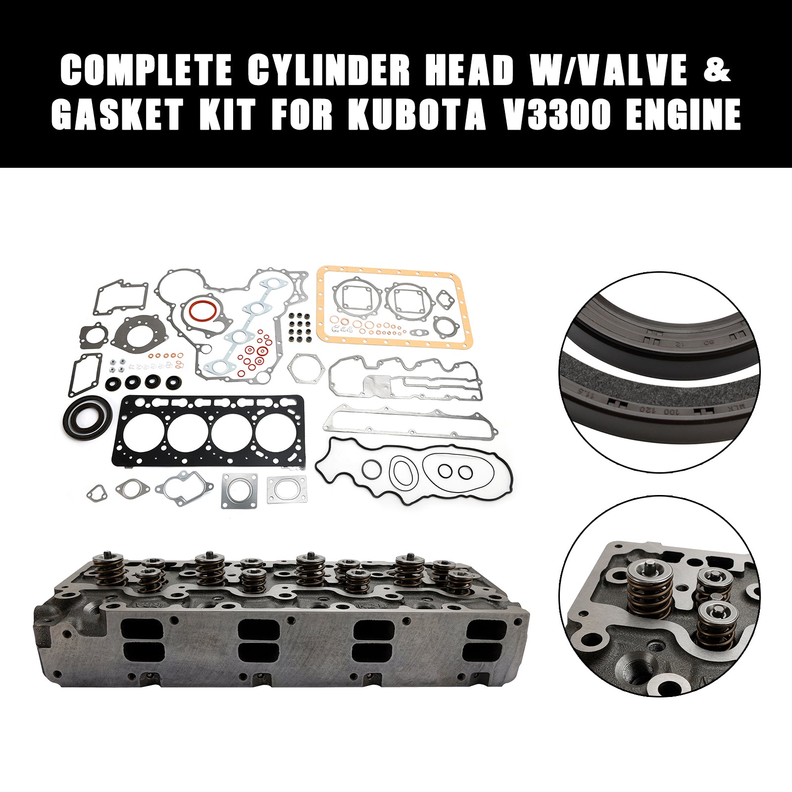 Complete Cylinder Head W/ Valve+Gasket For Kubota V3300 V3300-DI Engine 12V