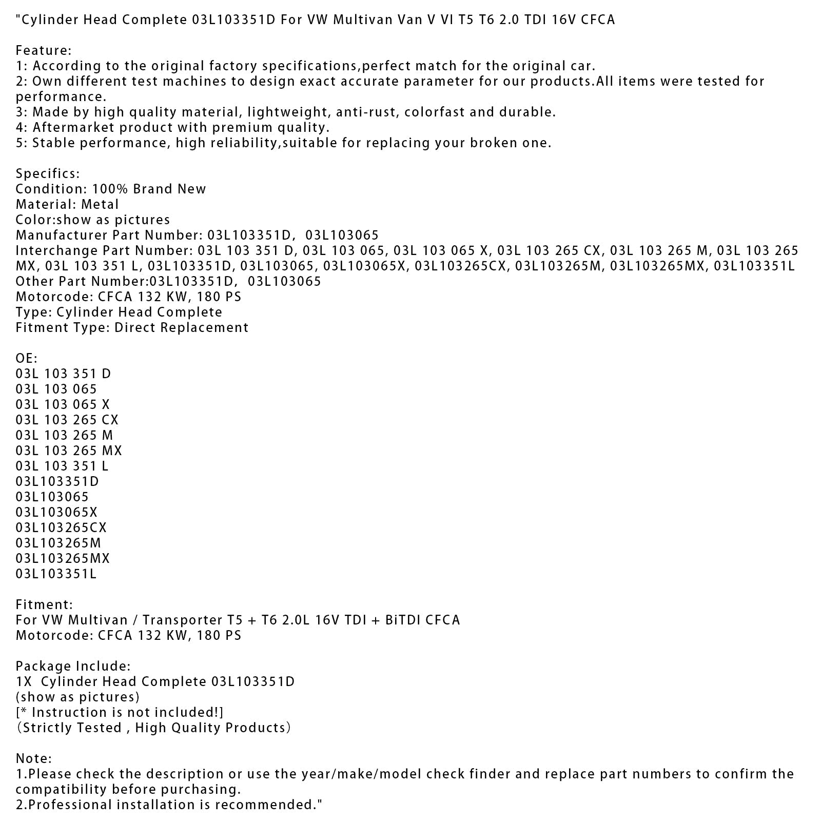 VW Multivan Van V VI T5 T6 2.0 TDI 16V Cylinder Head Complete 03L103351D