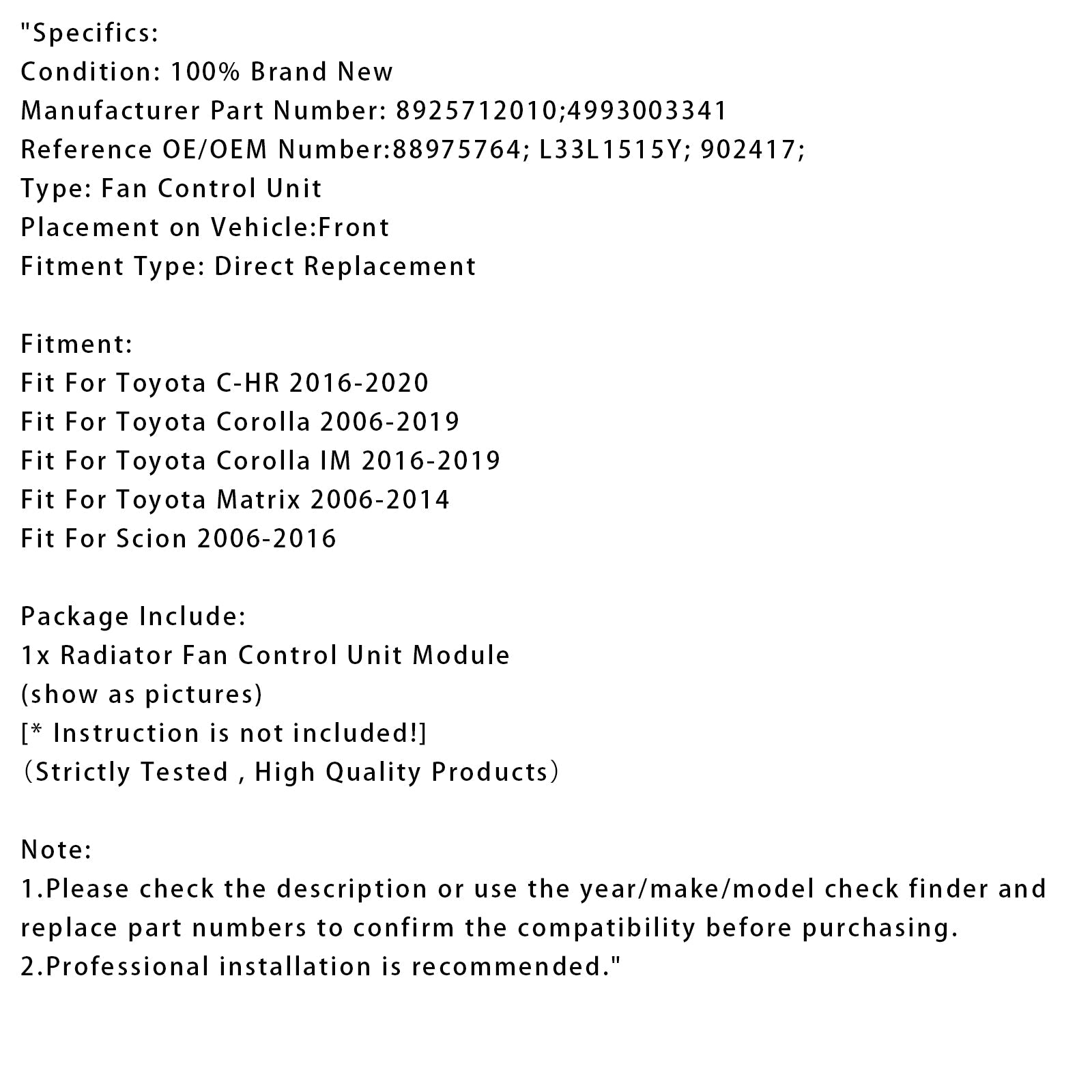Radiator Fan Control Module For Toyota Corolla C-HR Matrix 09-19 8925712010