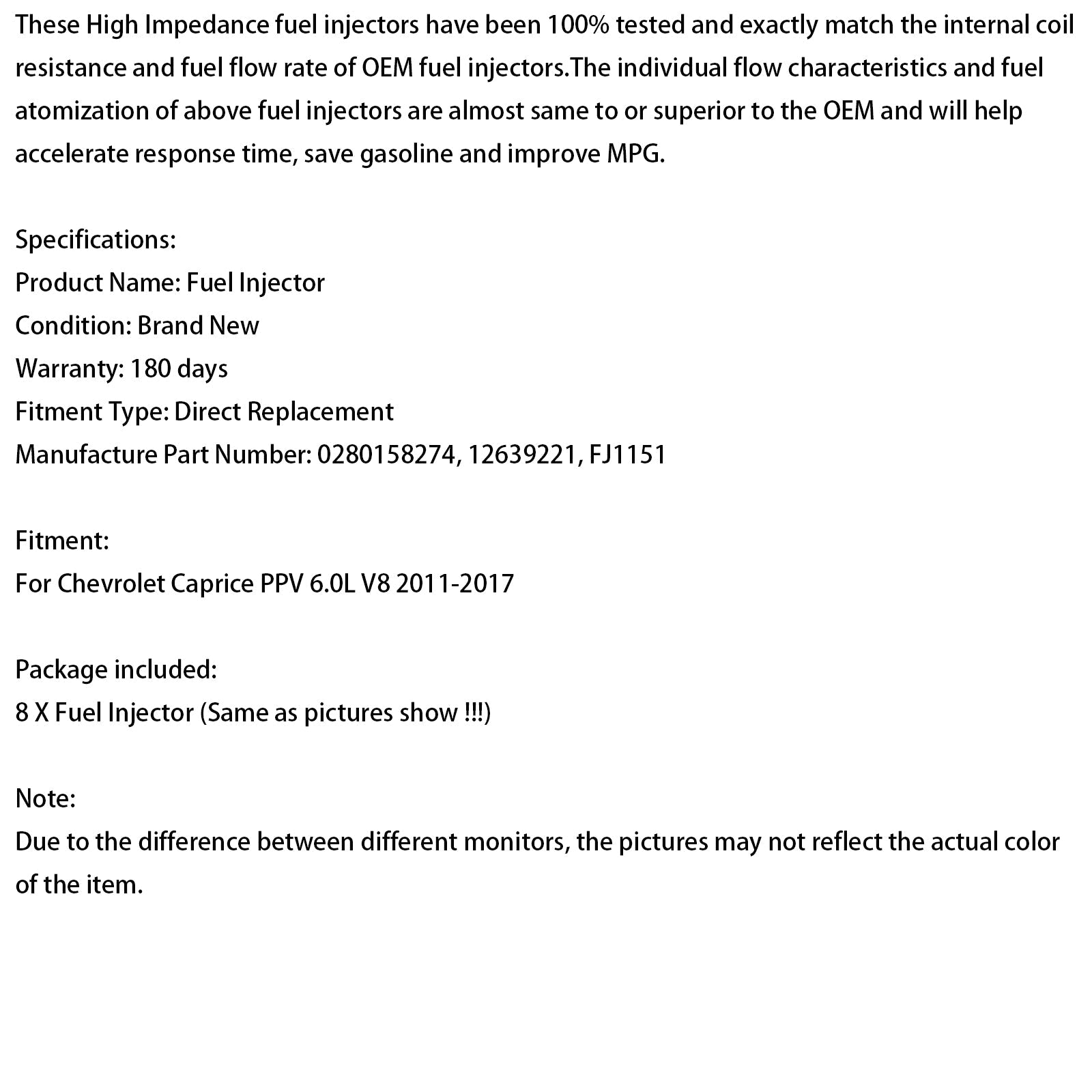 2011-2017 Chevrolet Caprice PPV 6.0L V8 8PCS Fuel Injector 12639221 0280158274