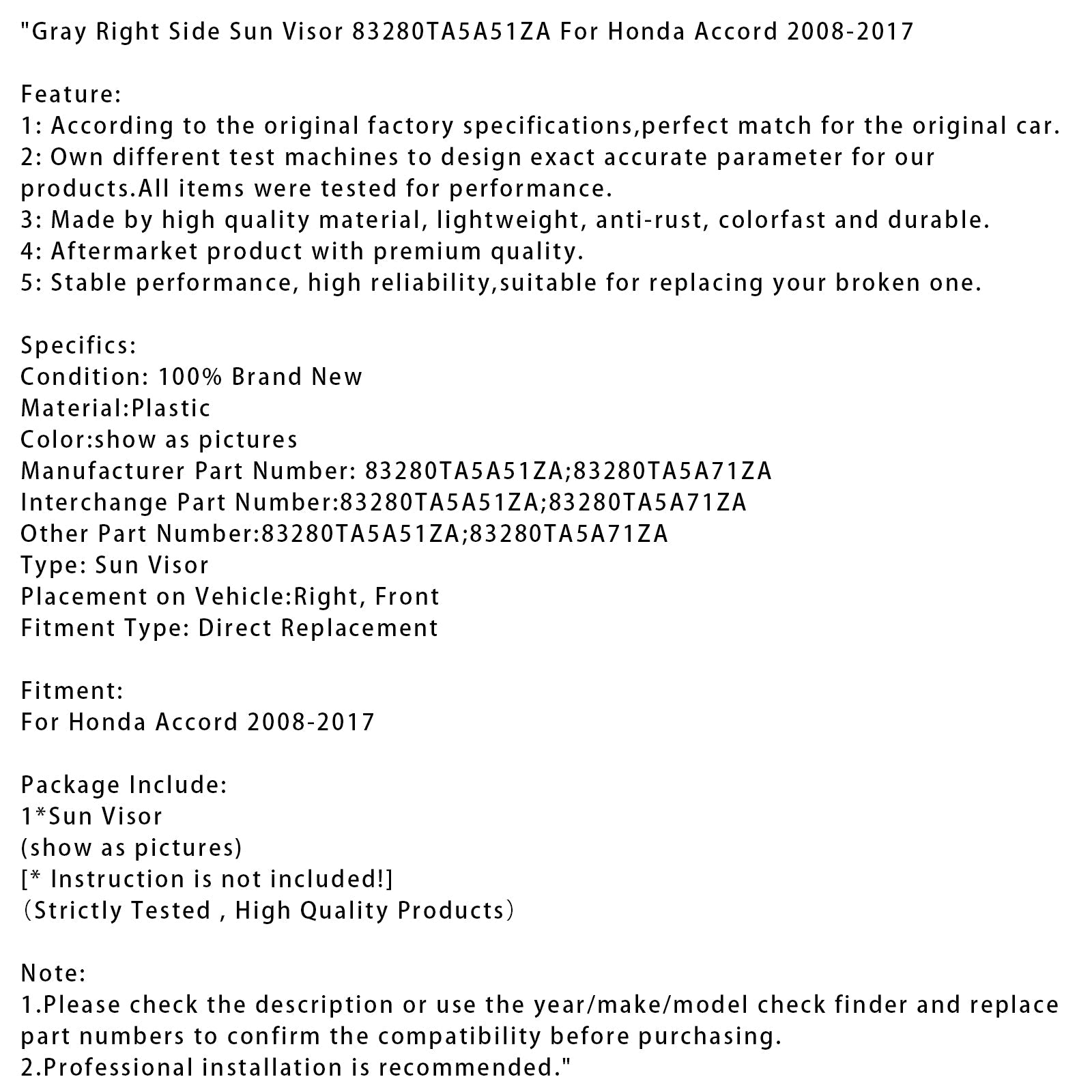 2008-2017 Honda Accord Gray Right Side Sun Visor 83280TA5A51ZA