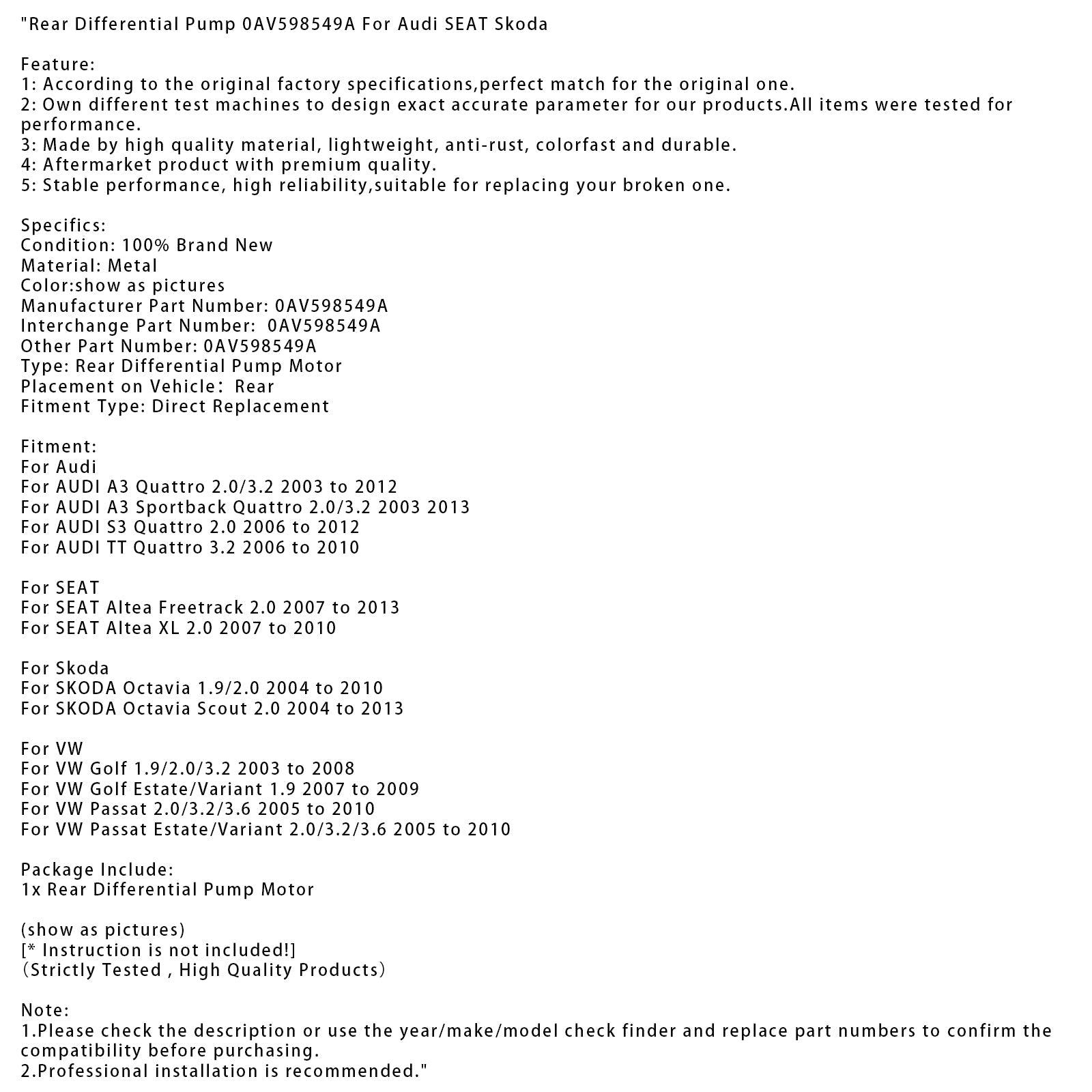 2004-2013 SKODA Octavia Scout 2.0 Rear Differential Pump 0AV598549A