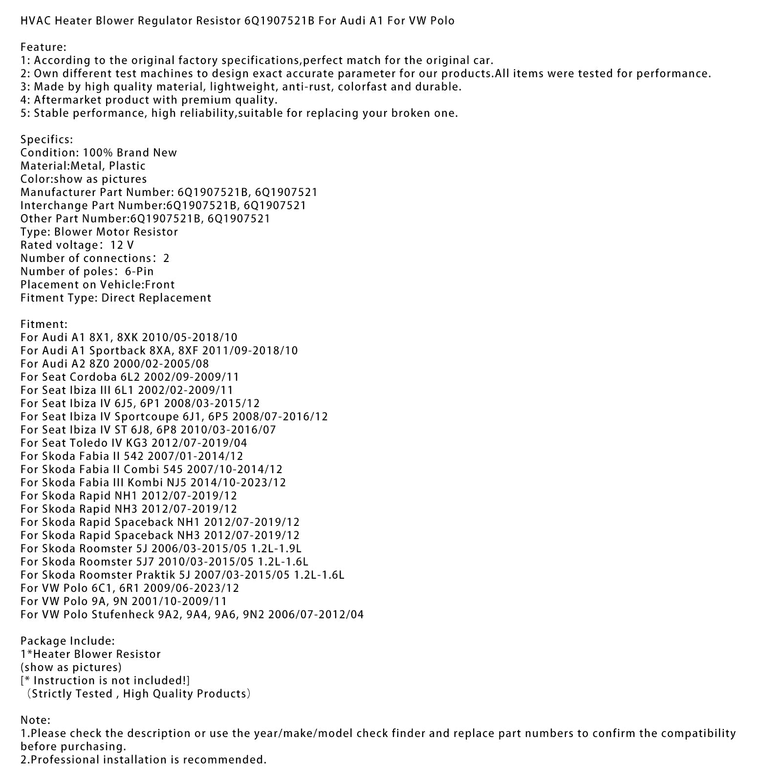 HVAC Heater Blower Regulator Resistor 6Q1907521B For Audi A1 For VW Polo