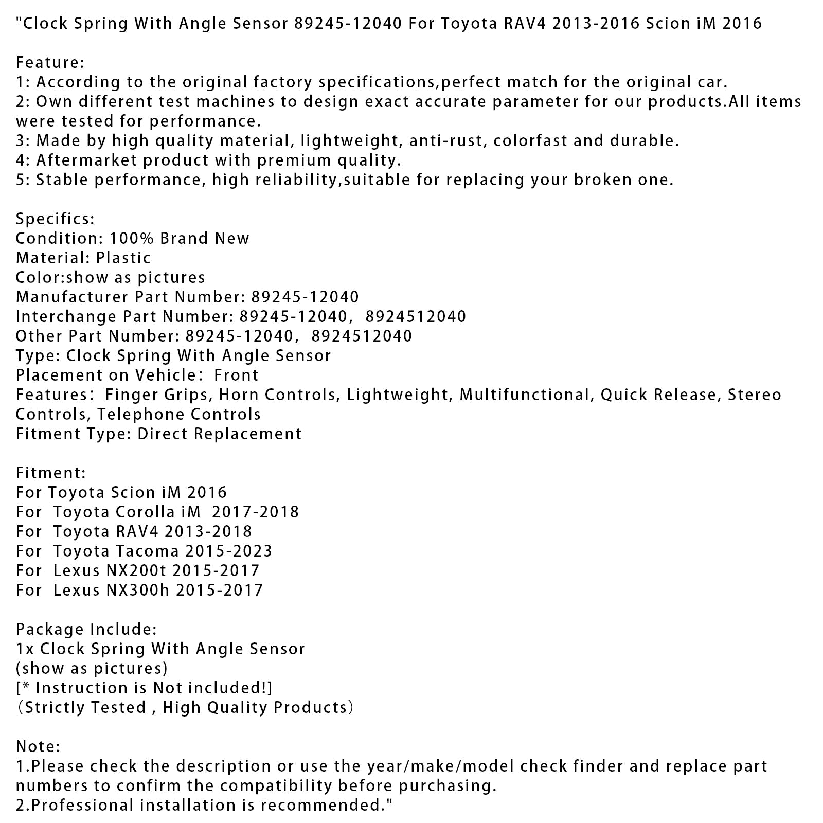 Clock Spring With Angle Sensor 89245-12040 For Toyota RAV4 2013-2016