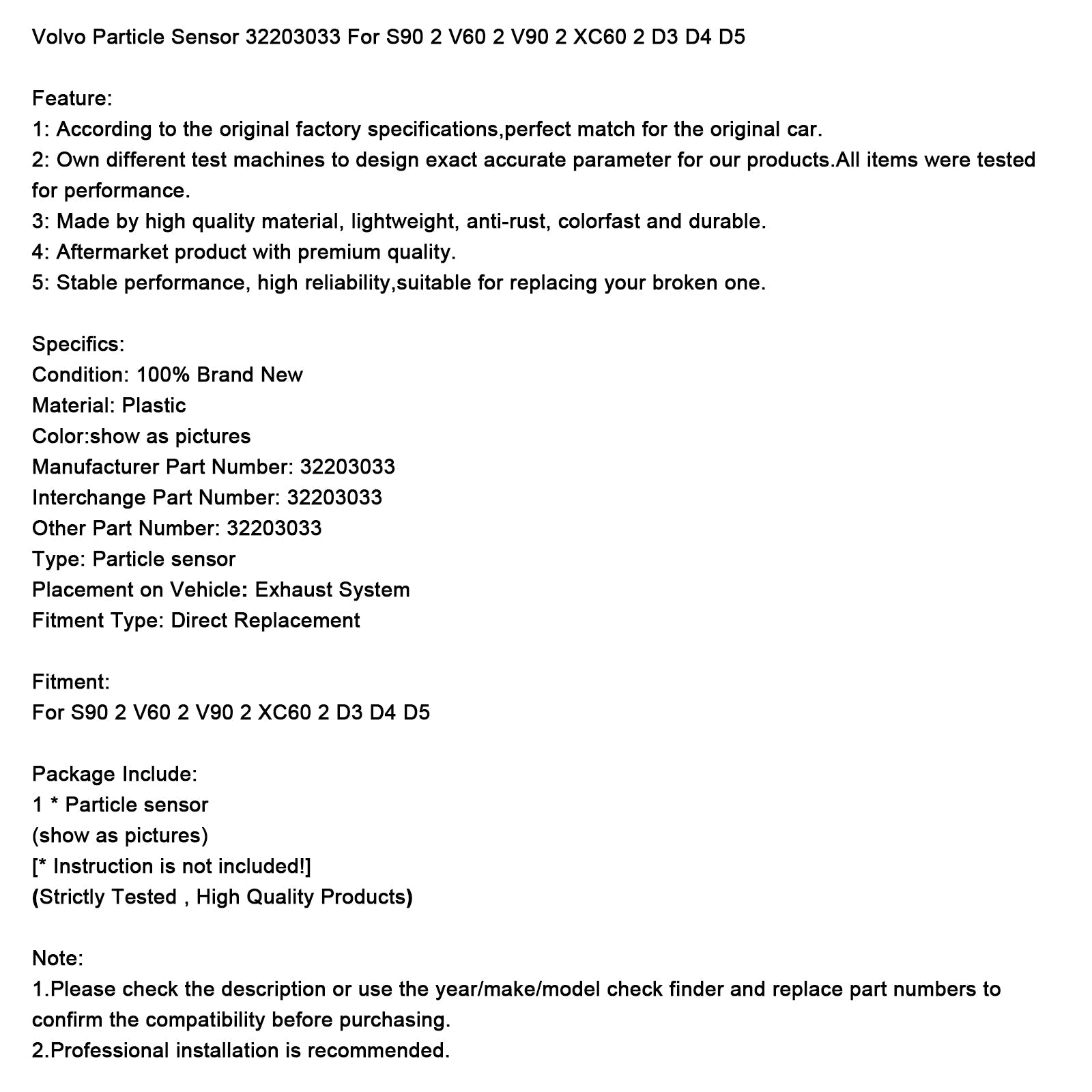 Volvo S90 2 V60 2 V90 2 XC60 2 D3 D4 D5 Particle Sensor 32203033