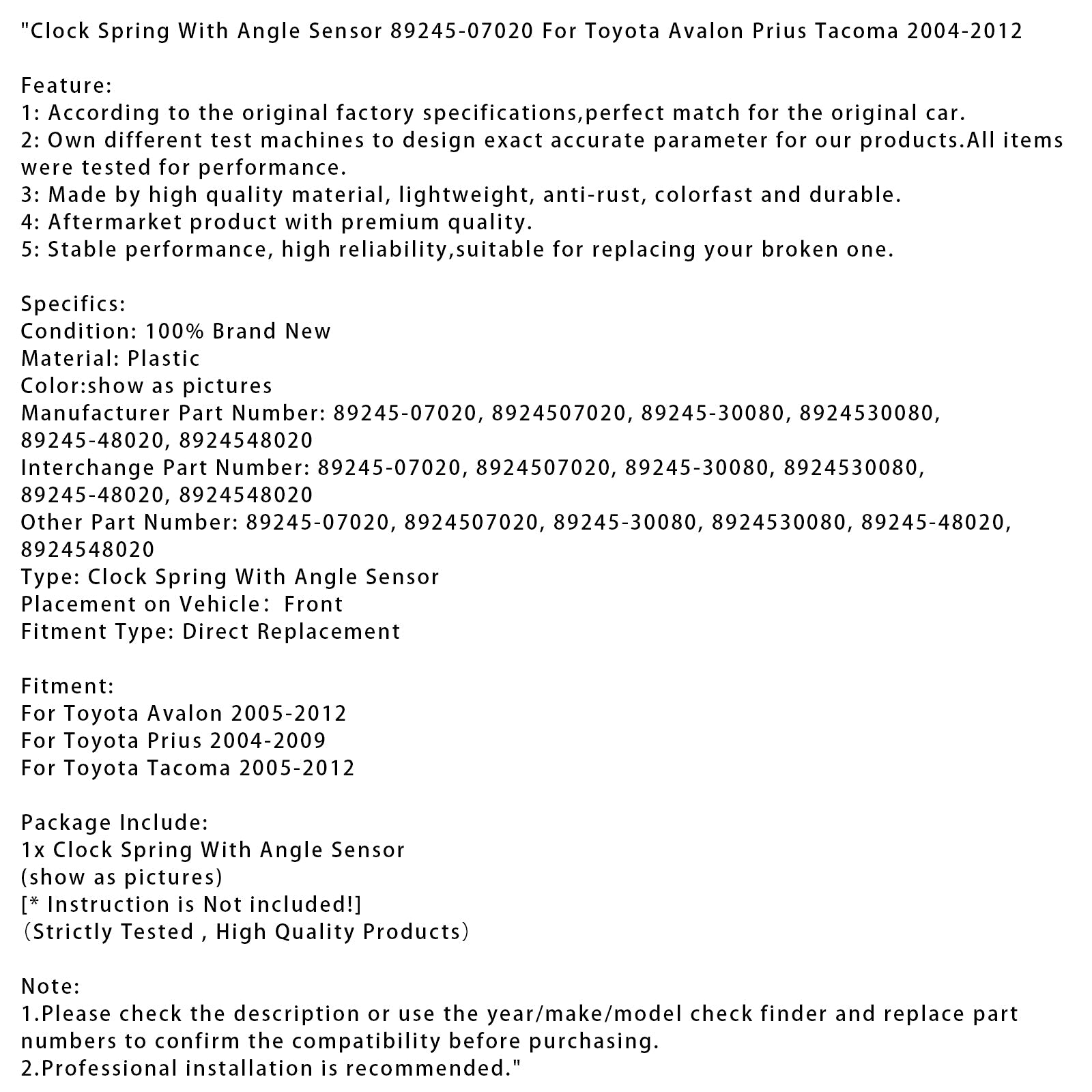 Clock Spring With Angle Sensor 89245-07020 For Toyota Avalon Prius Tacoma 04-12