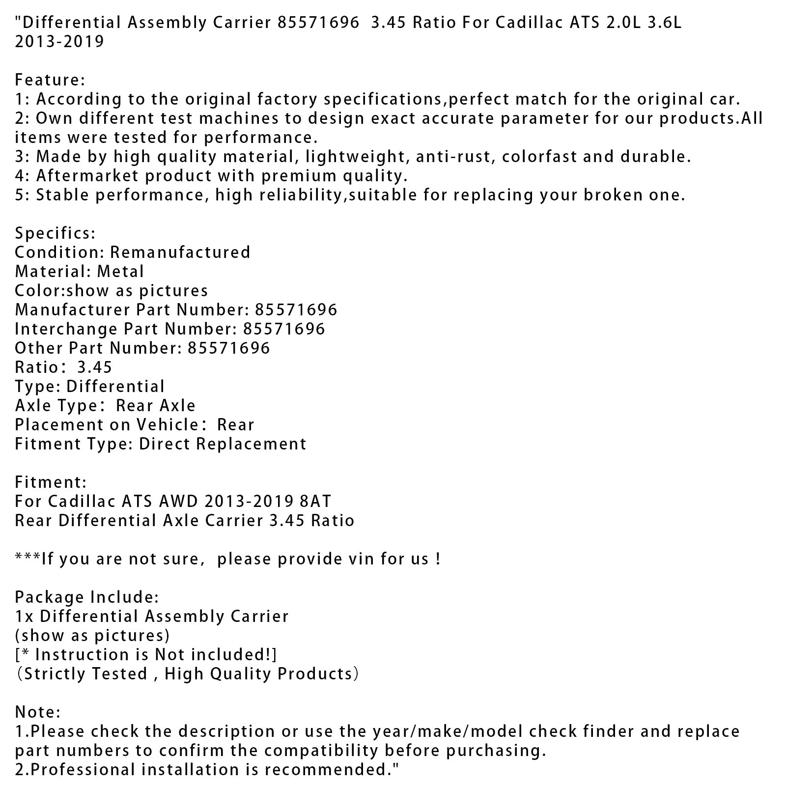 Differential Assembly Carrier 85571696 3.45 For Cadillac ATS 2.0L 3.6L 2013-2019
