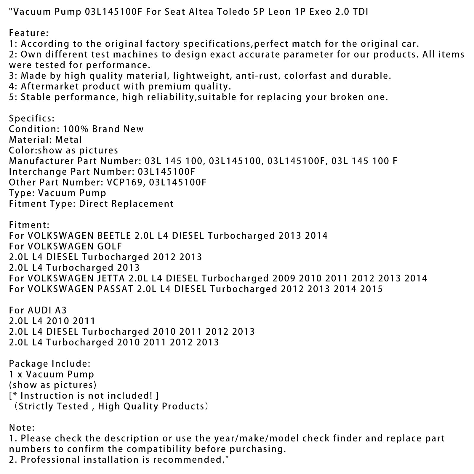 2010 2011 2012 2013 아우디 A3 2.0L L4 터보차저 진공 펌프 03L145100F VCP169