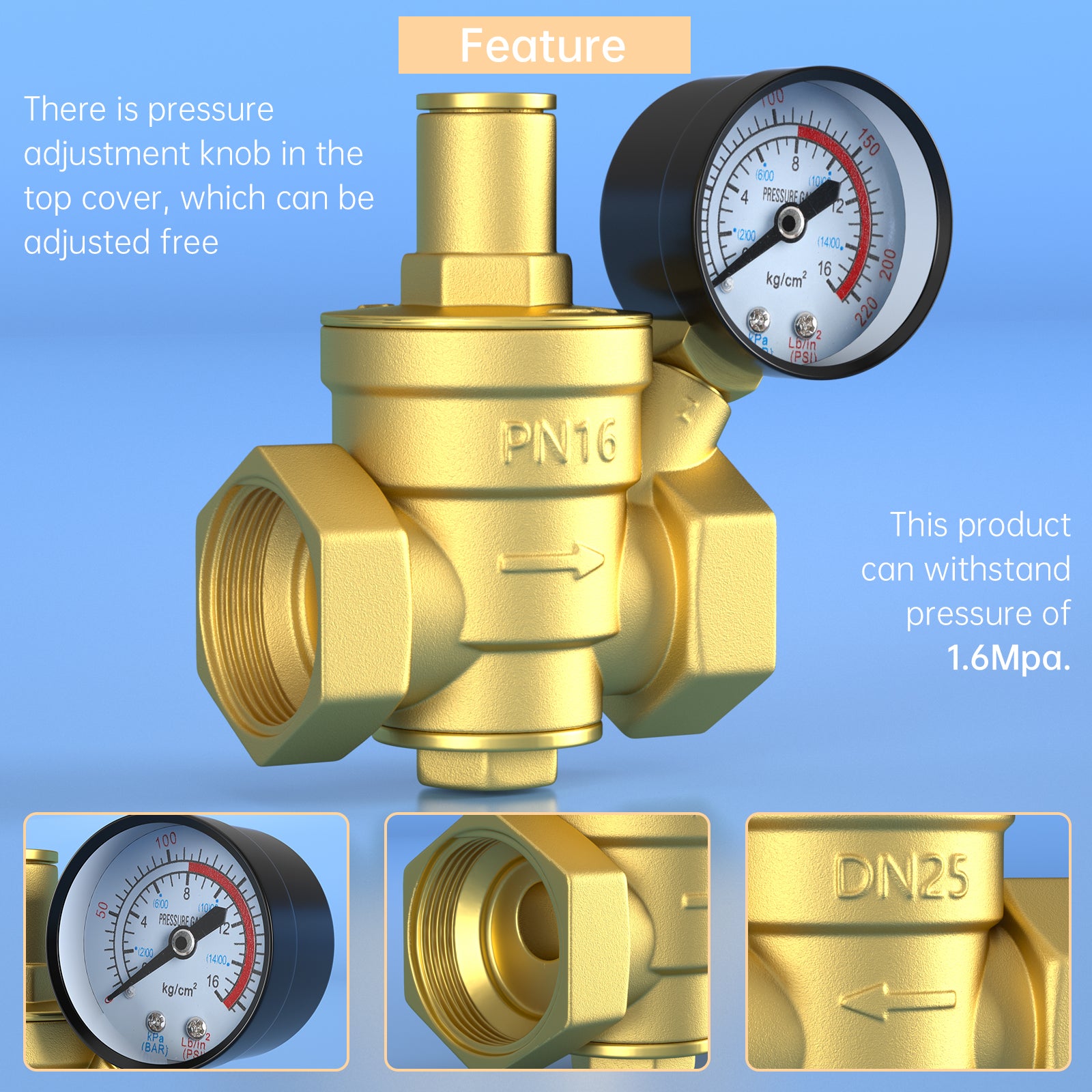 DN25 1" Brass Adjustable Water Pressure Reducing Regulator Valves With Gauge