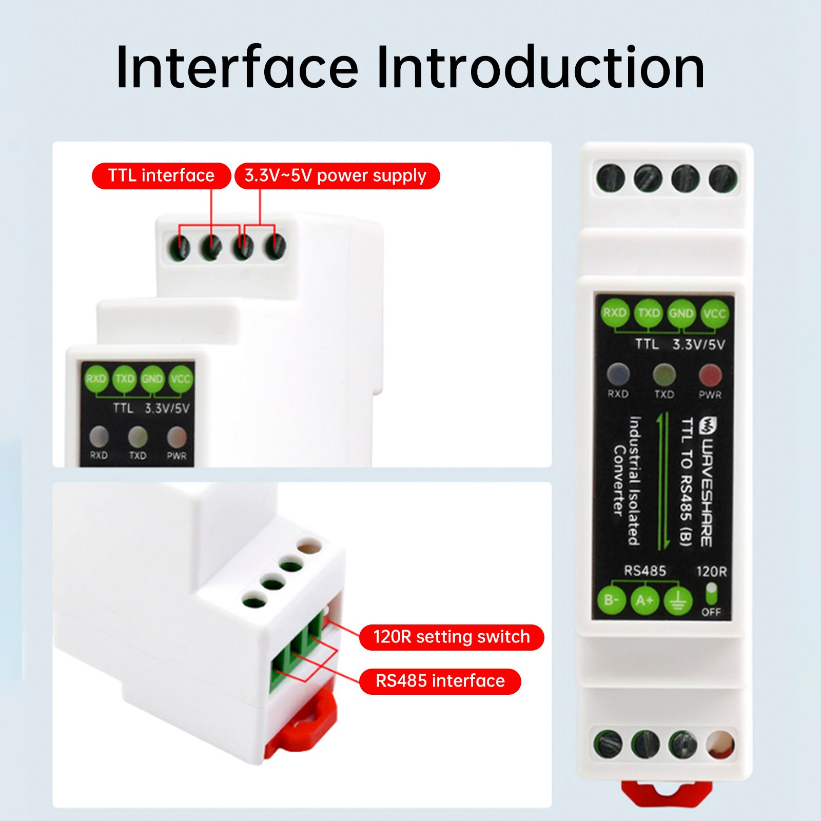 TTL to RS485 Electrical Isolation Module DIN Rail Serial Converter Surge Protect