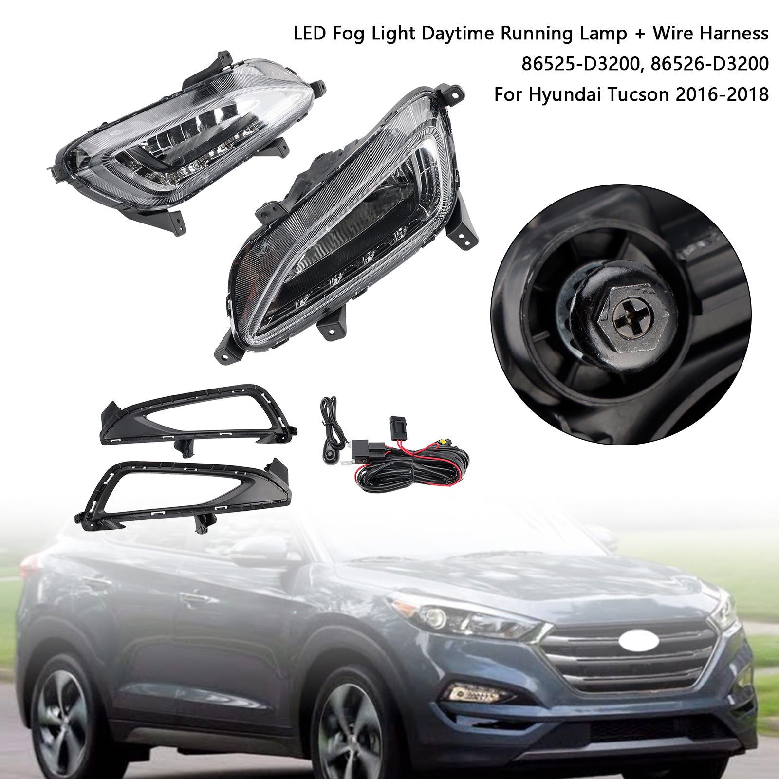 2016-2018 Hyundai Tucson LED Fog Lights Front Bumper Lamps with DRL 86525-D3200 5000K-7000K